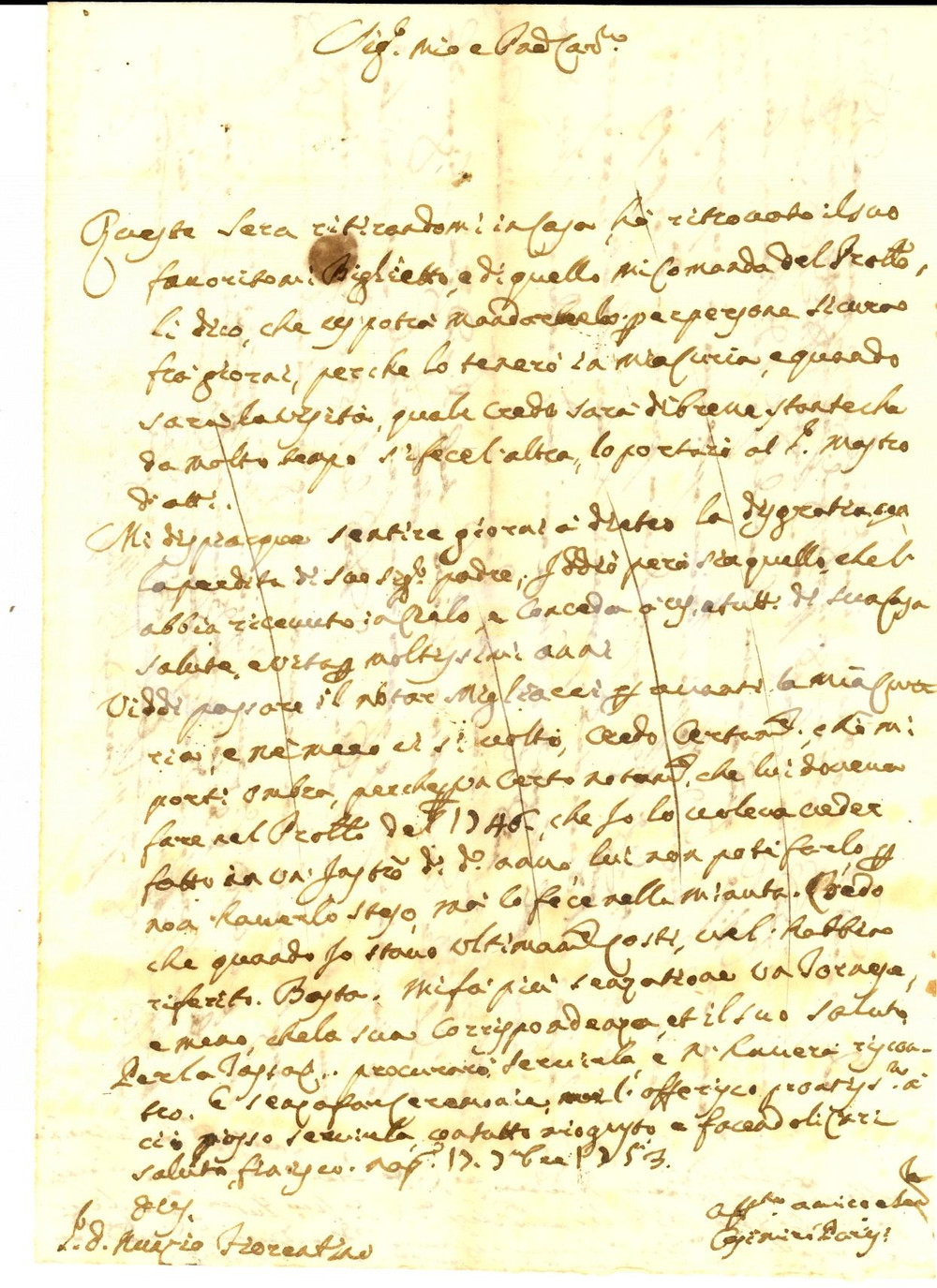 Documento originale, autentico 1753 NAPOLI Casimiro PARIS invia le condoglianze a Mario FIORENTINO Lettera 1
