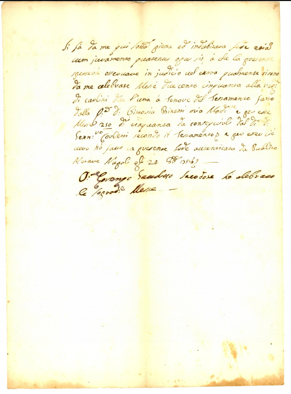Documento originale, autentico 1758 NAPOLI Messe celebrate da Lorenzo GAUDIOSI per la madre Vittoria BINETTI 1