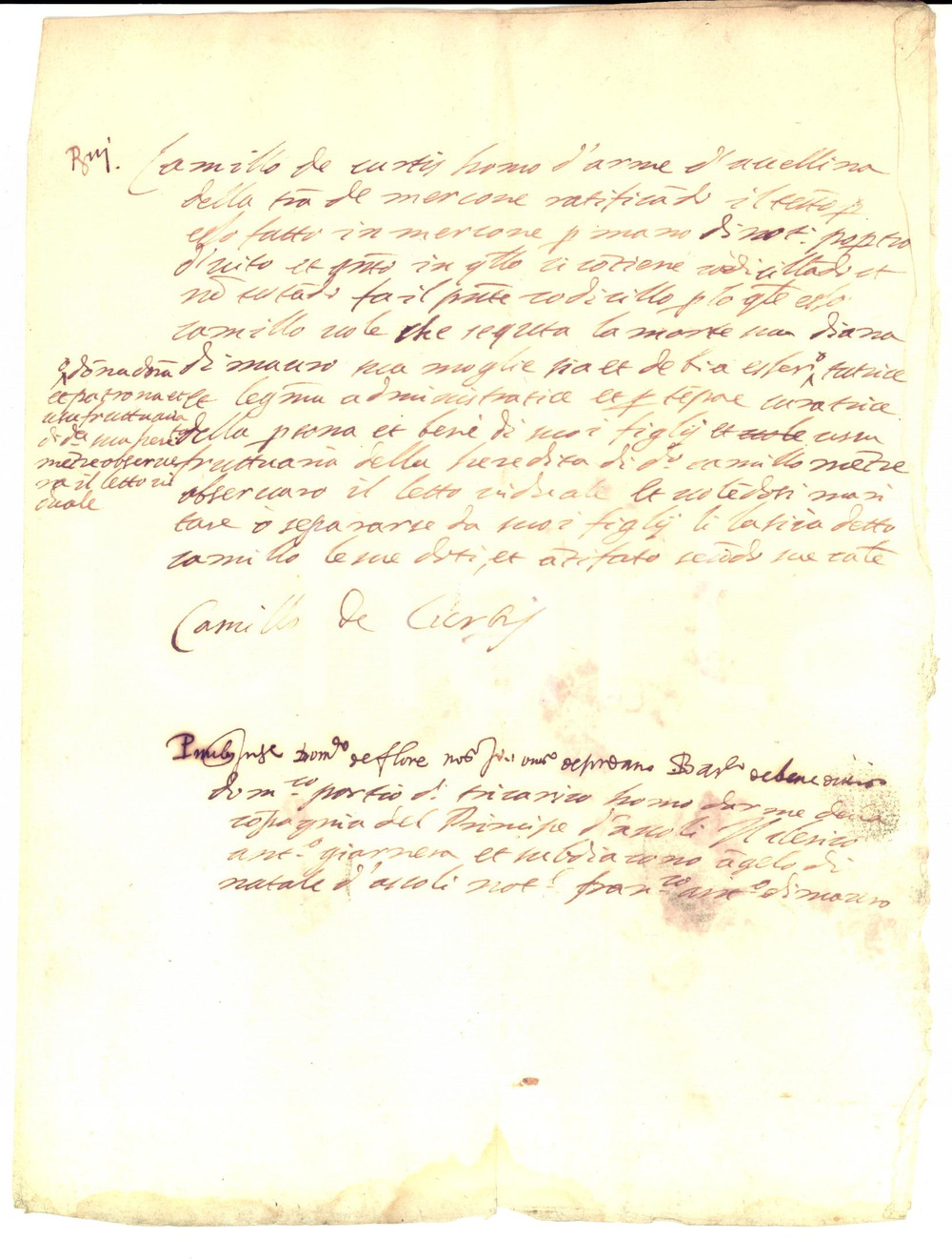 Documento originale, autentico 1770 ca AVELLINO Camillo DE CURTIS homo d arme nomina la moglie tutrice 1