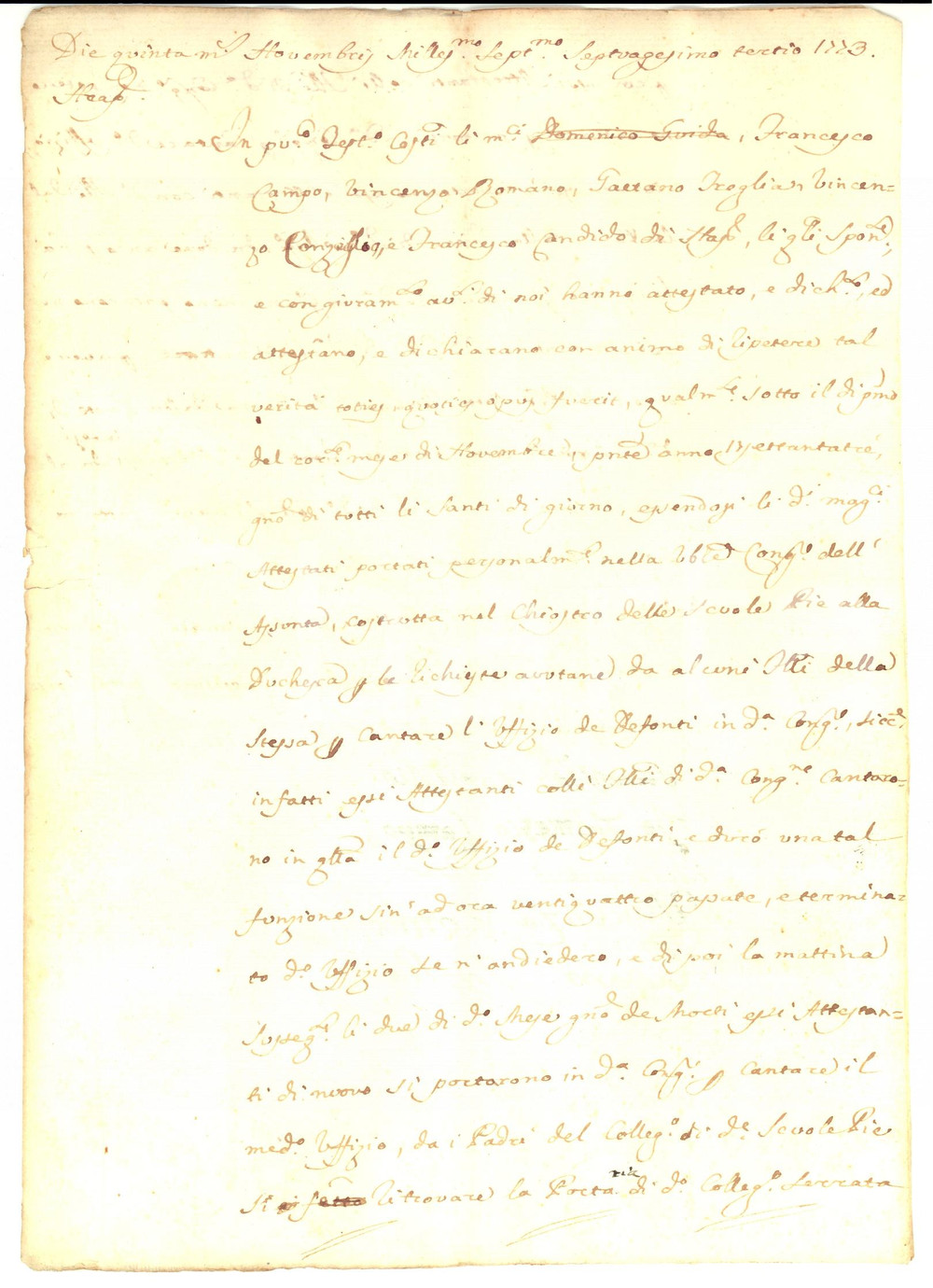 Documento originale, autentico 1773 NAPOLI SCUOLE PIE Testimonianza dei cantori dell Ufficio dei Defunti 1