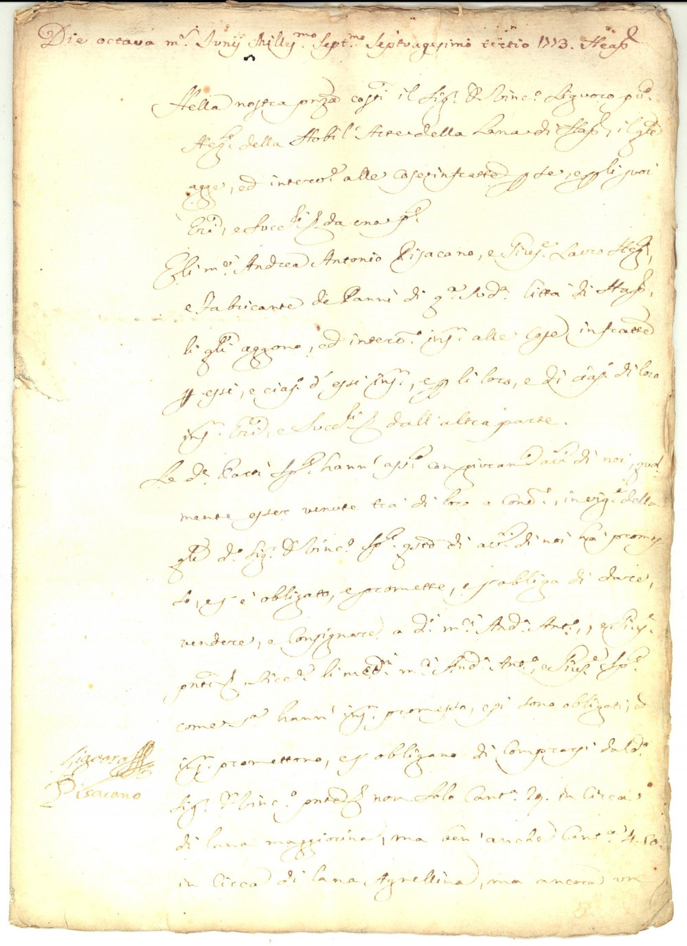 Documento originale, autentico 1773 NAPOLI Vincenzo LIGUORO vende lana maggiorina e agnellina Manoscritto 1