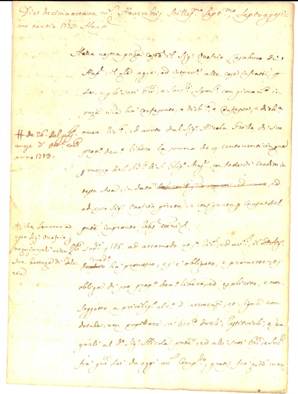Documento originale, autentico 1773 NAPOLI Prestito di Nicola GRILLO a Onofrio CASABURO Manoscritto 1