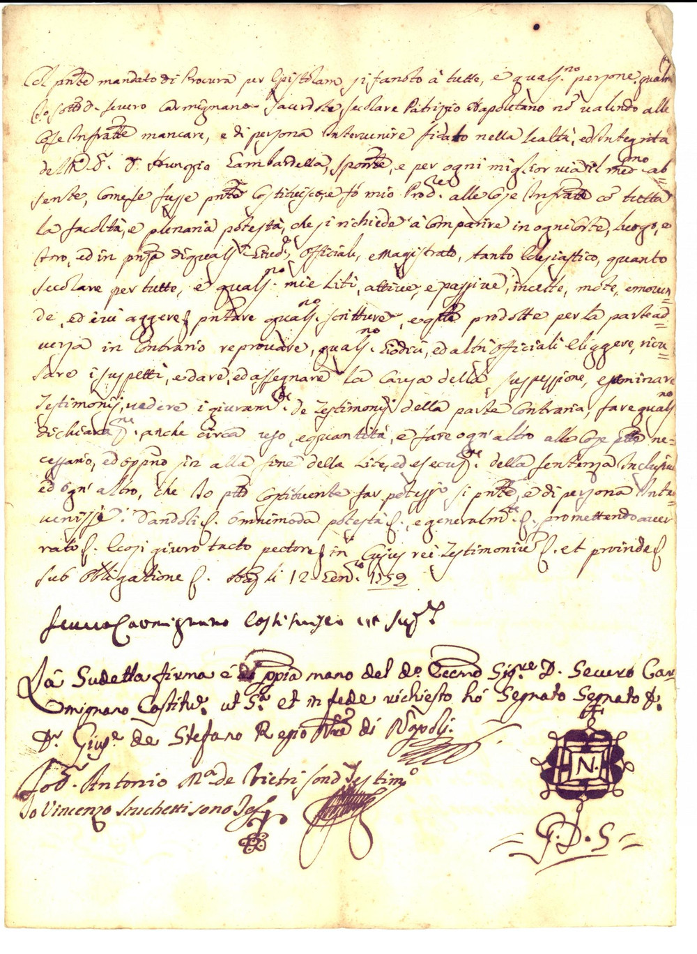 Documento originale, autentico 1752 NAPOLI Procura patrizio Severo CARMIGNANO a Nunzio GAMBARDELLA Autografo 1