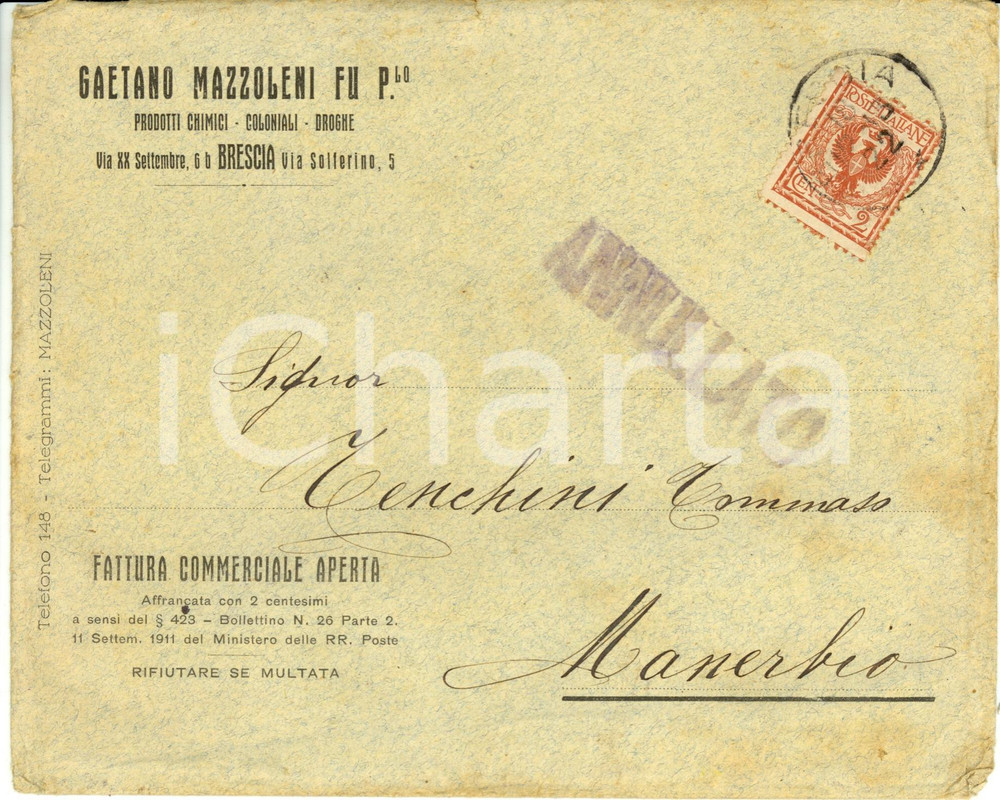 Materiale pubblicitario d’epoca 1913 BRESCIA Gaetano MAZZOLENI  Prodotti Chimici coloniali Busta Pubblicitaria 1