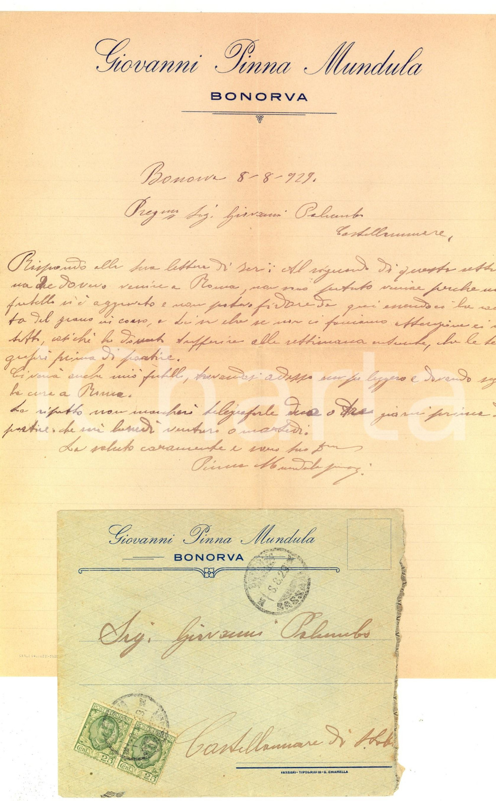 Manoscritto, lettera originale 1929 BONORVA SS Giovanni PINNA MUNDULA bloccato dal fratello malato Lettera 1