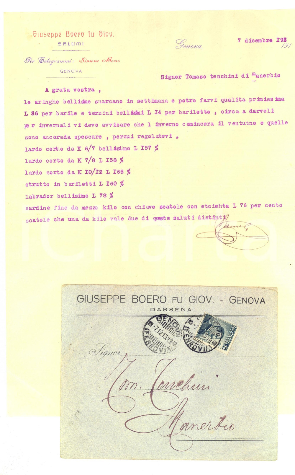 Manoscritto, lettera originale 1913 GENOVA DARSENA Giuseppe BOERO vende lardo e labrador bellissimo Lettera 1