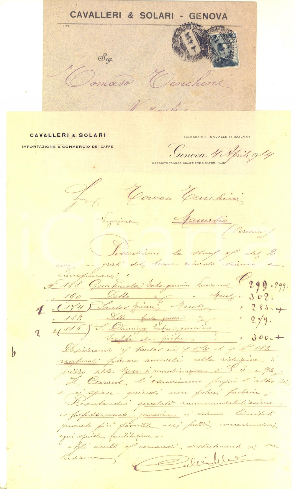 Manoscritto, lettera originale 1914 GENOVA Ditta CAVALLERI & SOLARI Importazione e commercio del caffÃ¨ Lettera 1