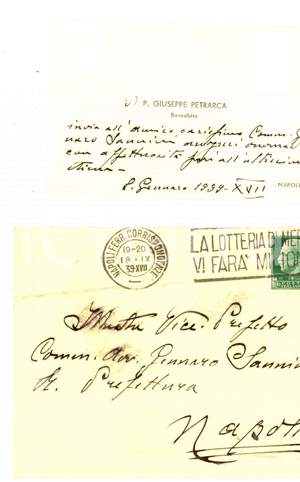 Autografo originale 1939 NAPOLI Biglietto da visita padre Giuseppe PETRARCA barnabita Autografo 1