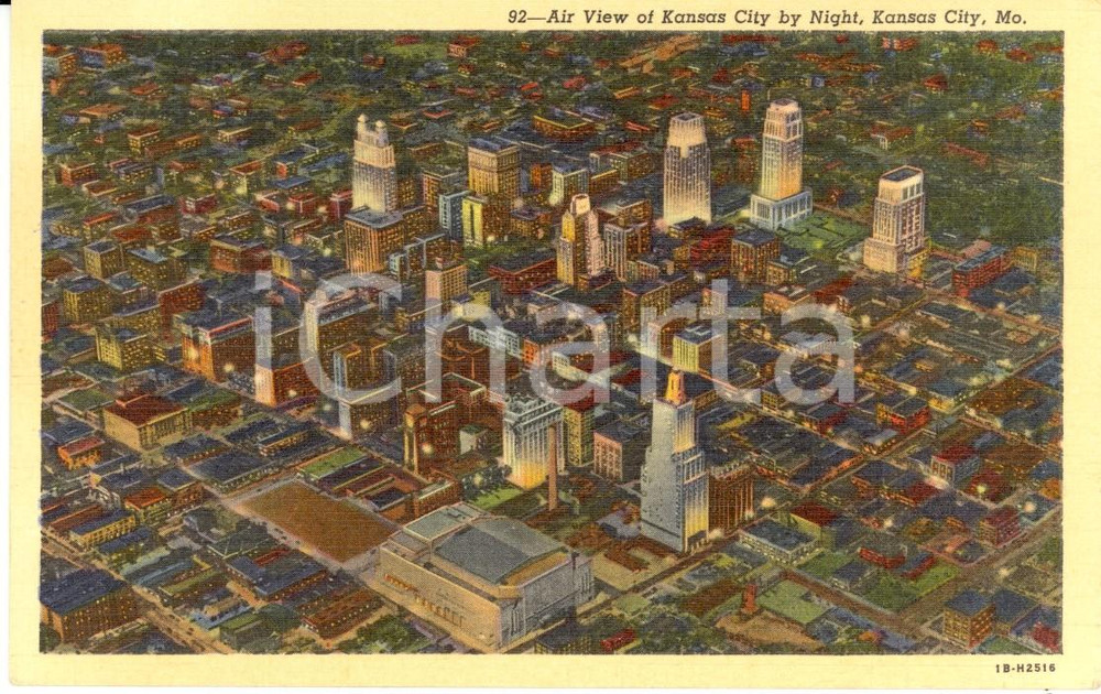 Cartolina originale da collezione 1950 ca KANSAS CITY, MISSOURI USA Air view by night Postcard FP NV 1