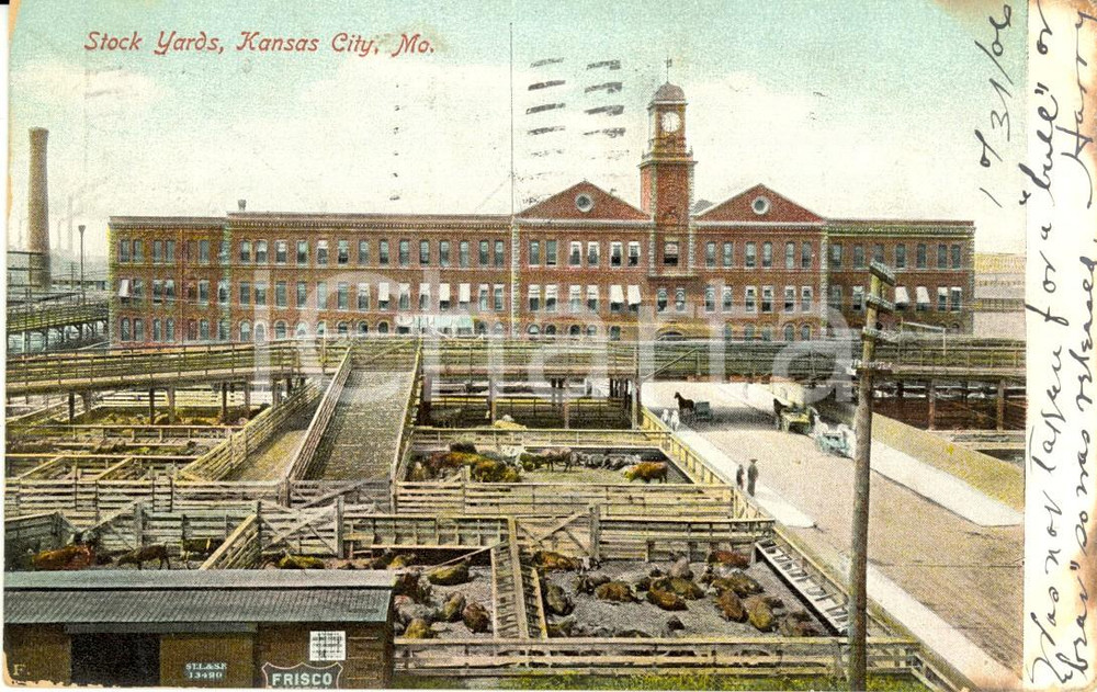 Cartolina originale da collezione 1906 KANSAS CITY, MISSOURI USA Stock Yards in West Bottoms Postcard FP VG 1
