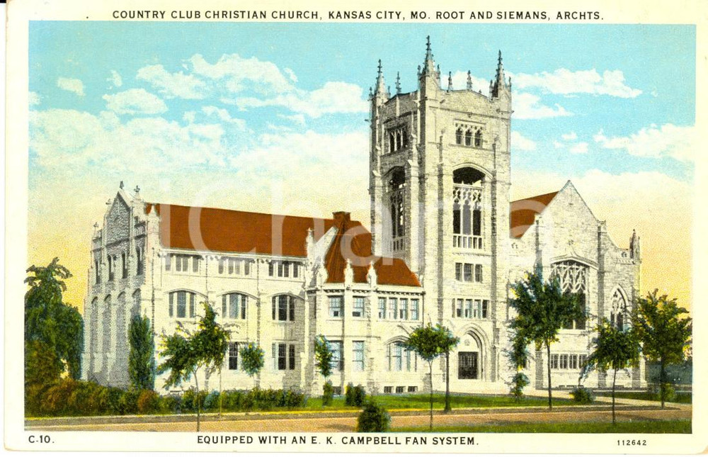 Cartolina originale da collezione 1940 ca KANSAS CITY, MISSOURI USA Country Club Christian Church Postcard FP NV 1