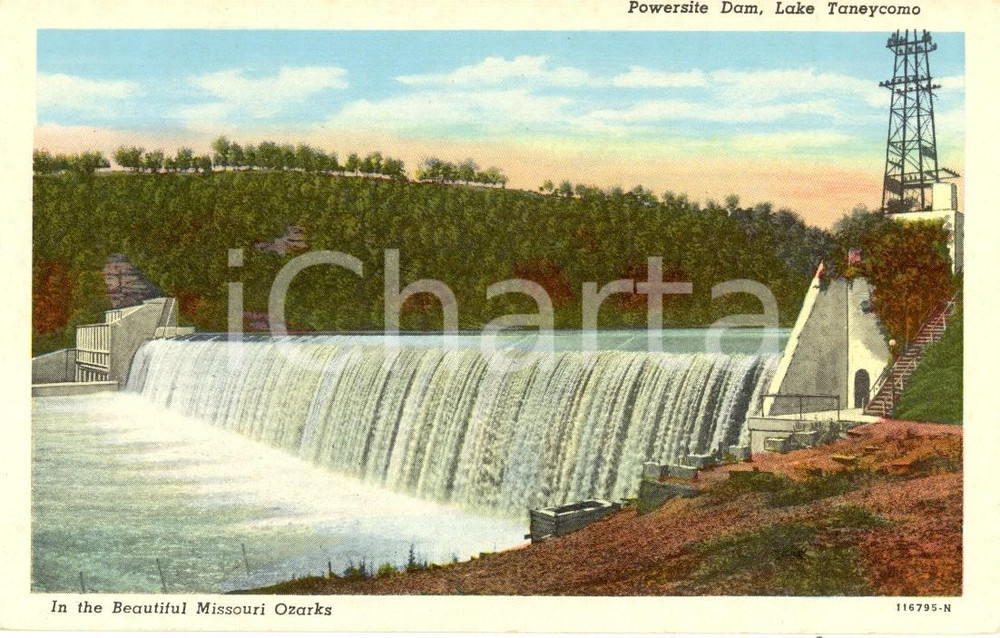 Cartolina originale da collezione 1956 MISSOURI USA Powersite Dam Lake TANEYCOMO in the OZARKS Postcard FP NV 1
