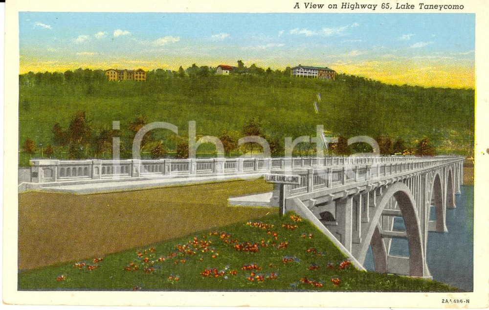 Cartolina originale da collezione 1940 ca BRANSON, MISSOURI USA View on Highway 65 Lake TANEYCOMO Postcard FP NV 1