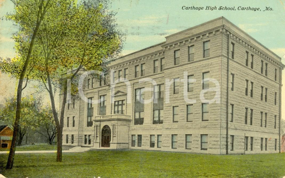 Cartolina originale da collezione 1940 CARTHAGE, MISSOURI USA Carthage High School Postcard illustrated FP VG 1