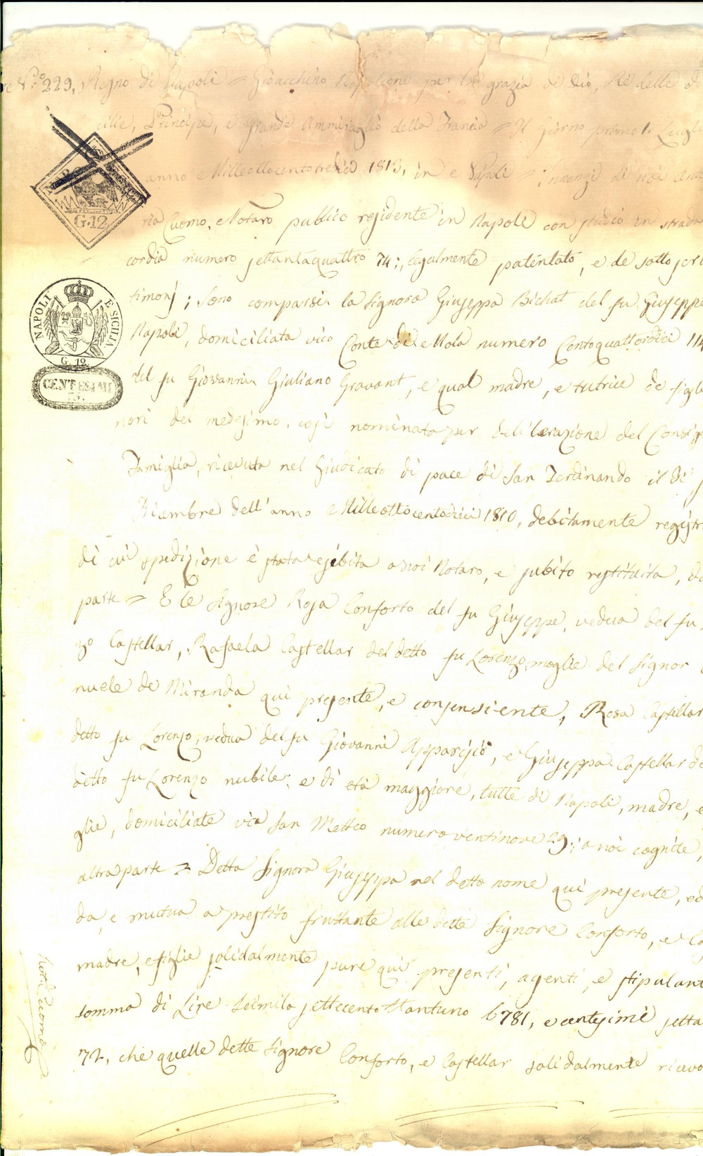 Documento originale, autentico 1813 NAPOLI Prestito di Giuseppa BICHAT a Rosa CONFORTO e figlie Manoscritto 1