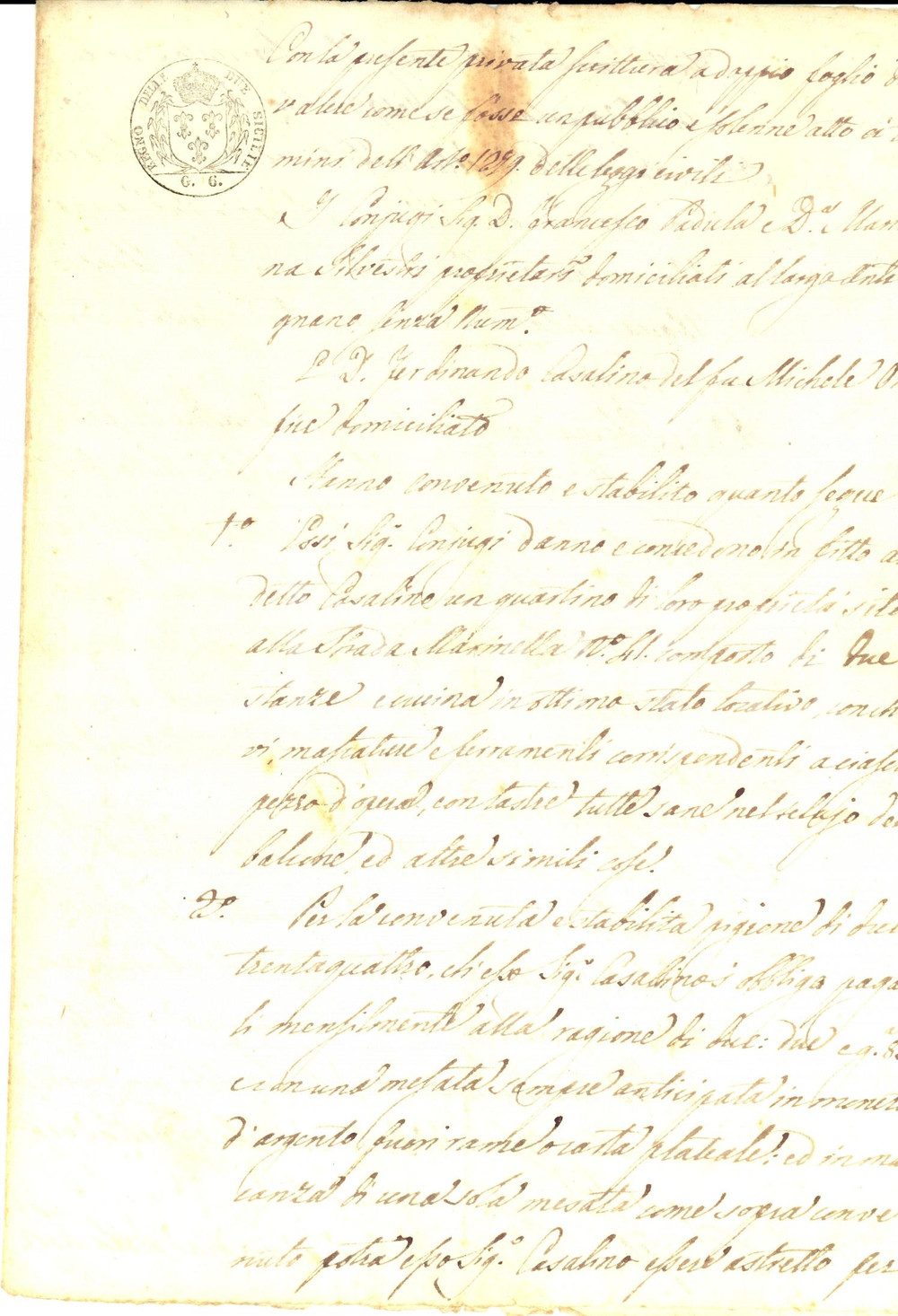 Documento originale, autentico 1844 NAPOLI Francesco PADULA affitta quartino a Ferdinando CASALINO Manoscritto 1