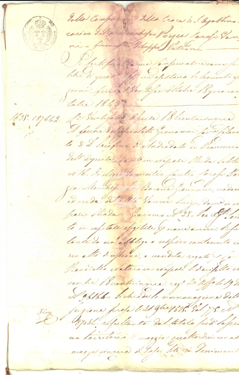 Documento originale, autentico 1843 NAPOLI Iscrizioni beni marchesa Porzia CAROSI VANNI debitrice DANNEGGIATO 1