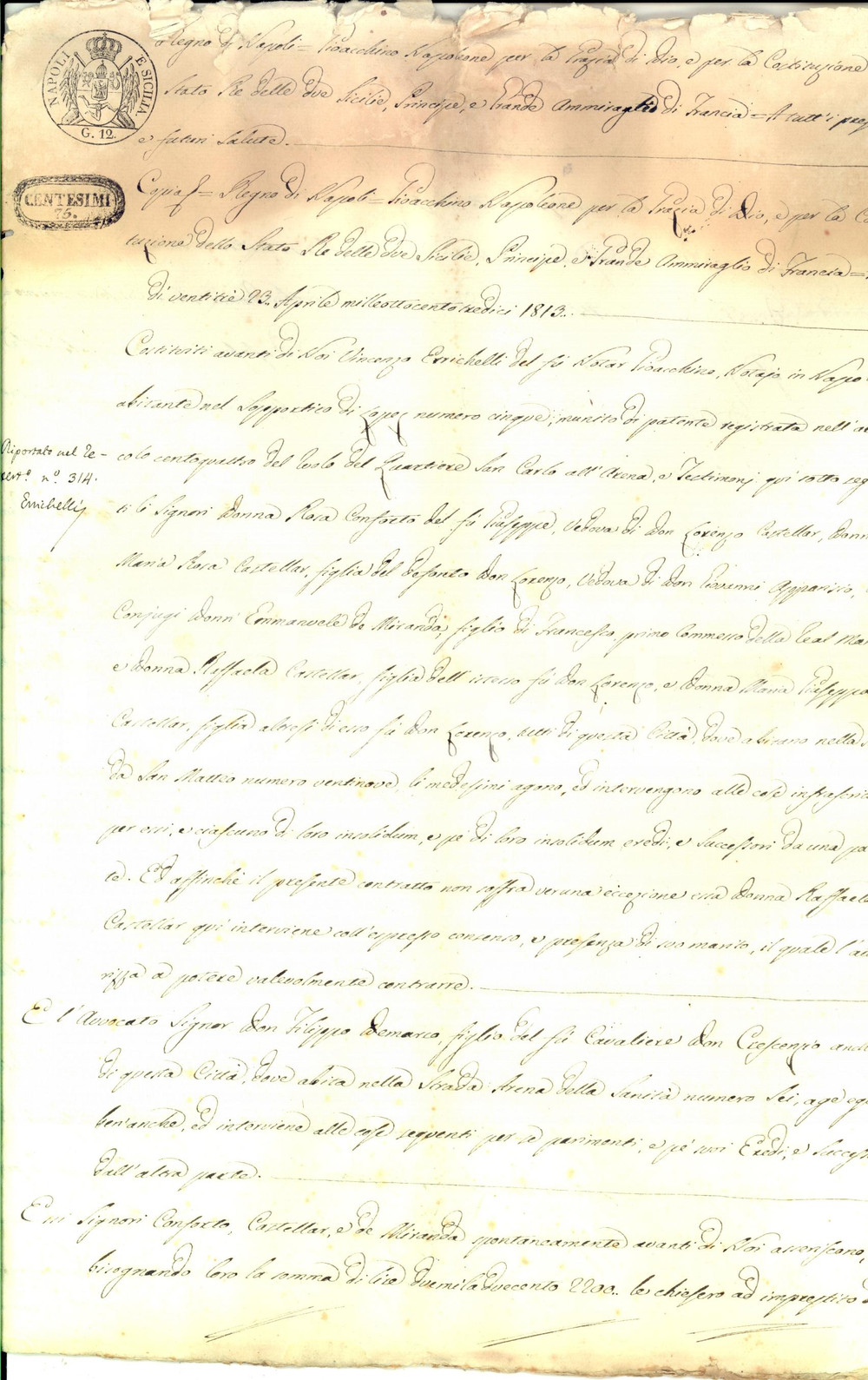 Documento originale, autentico 1813 NAPOLI Vicende ereditarie su patrimonio Lorenzo CASTELLAR Manoscritto 1