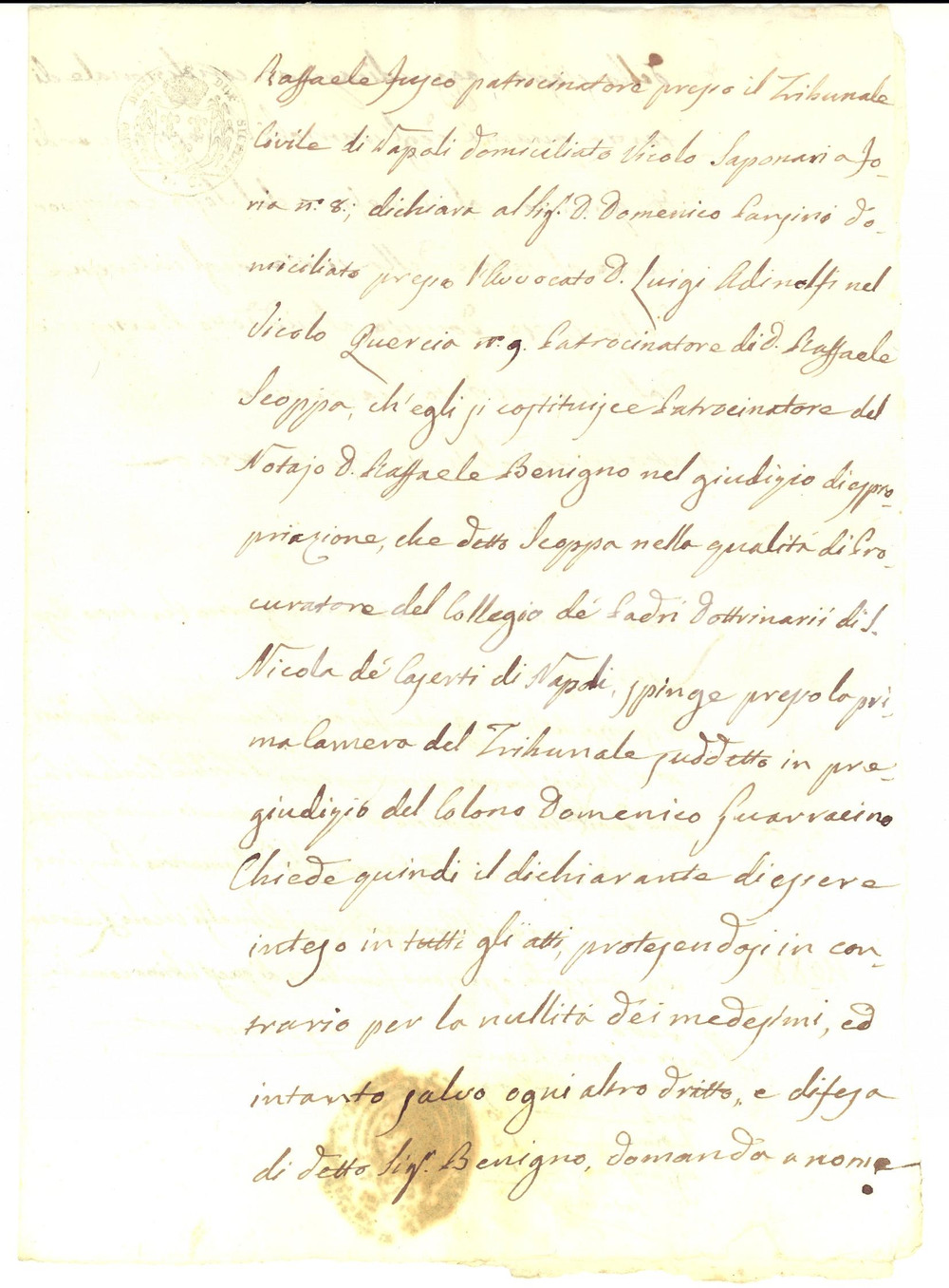 Documento originale, autentico 1851 NAPOLI Nomina Raffaele FUSCO avvocato difensore di Raffaele BENIGNO 1