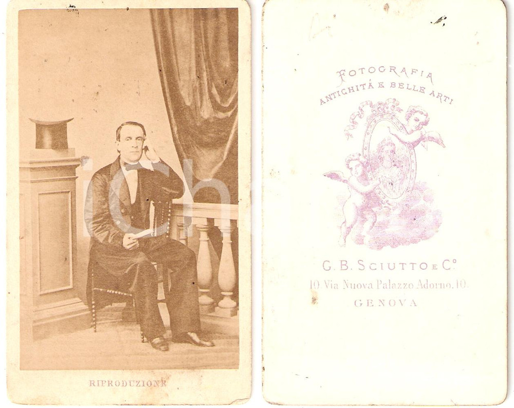Fotografia d epoca originale 1870 ca GENOVA Ritratto di gentiluomo con cilindro Fotografia SCIUTTO 1