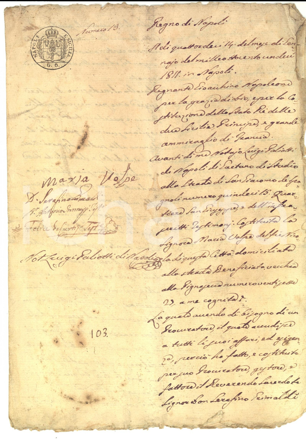 Documento originale, autentico 1855 NAPOLI Procura di Maria VOLPE al sacerdote Serafino GRIMALDI Manoscritto 1