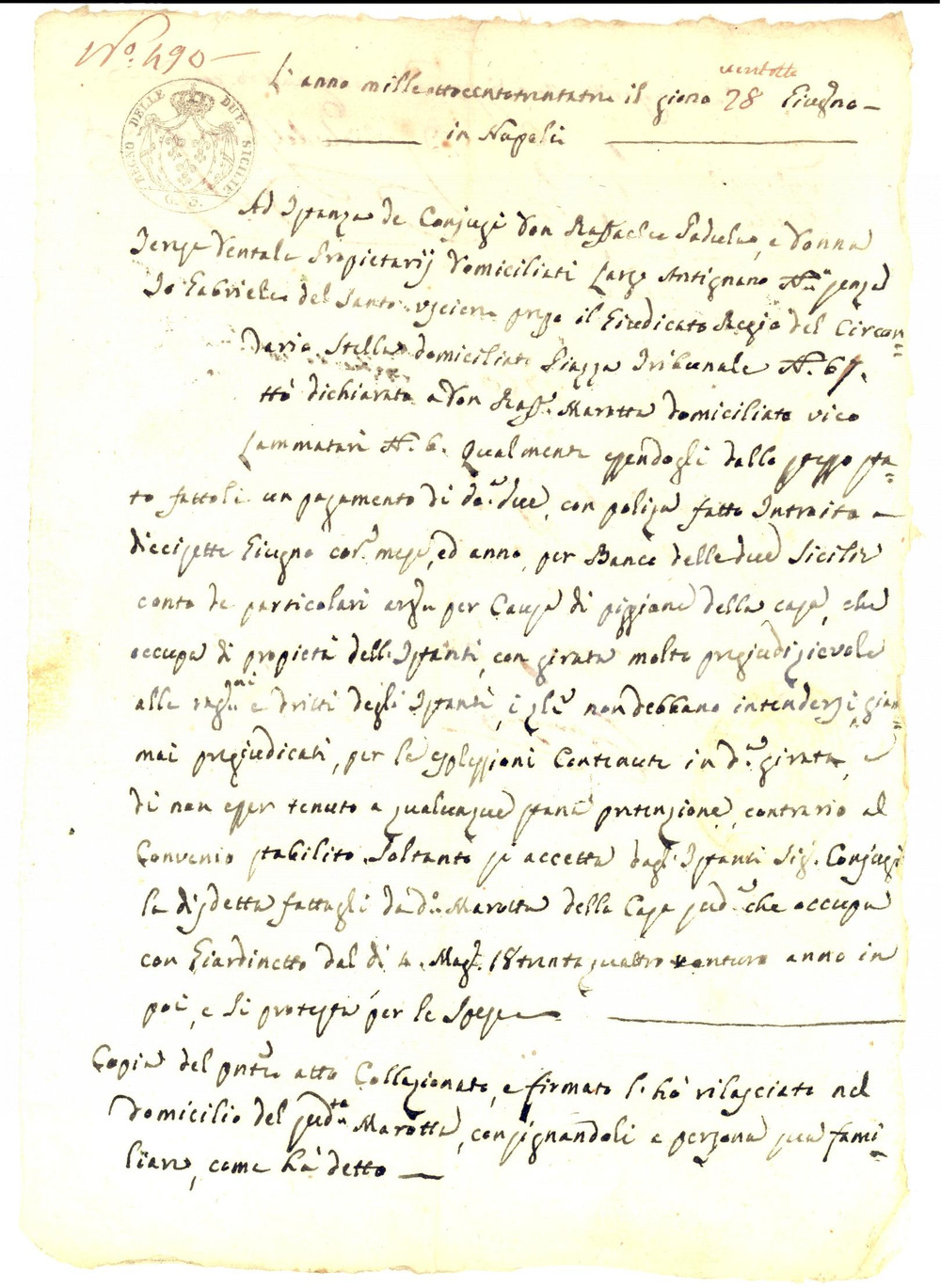 Documento originale, autentico 1833 NAPOLI Raffaele MAROTTA versa pigione per casa con giardinetto 1
