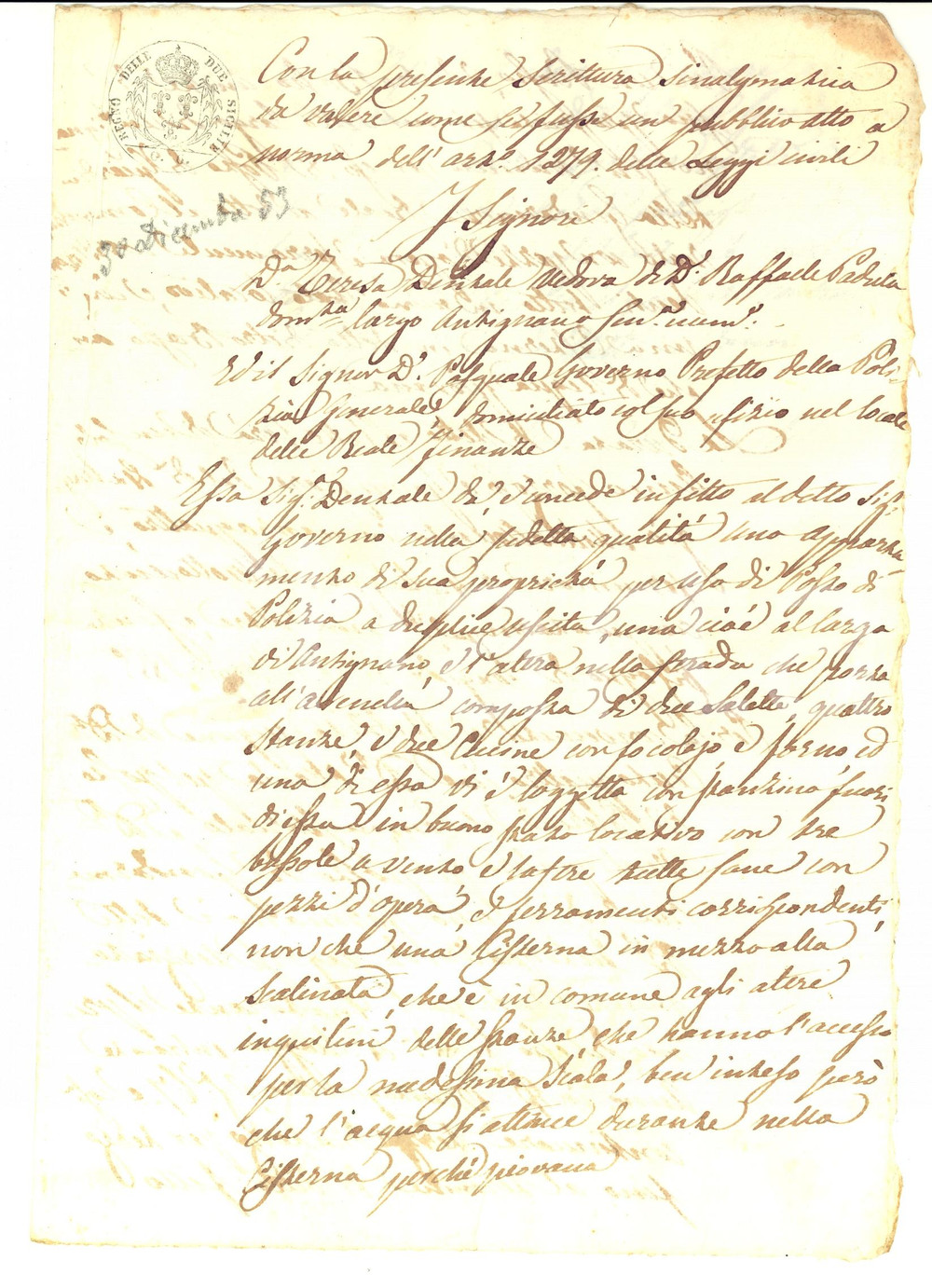 Documento originale, autentico 1853 NAPOLI ANTIGNANO Teresa DENTALE affitta posto di Polizia a Pasquale GOVERNO 1