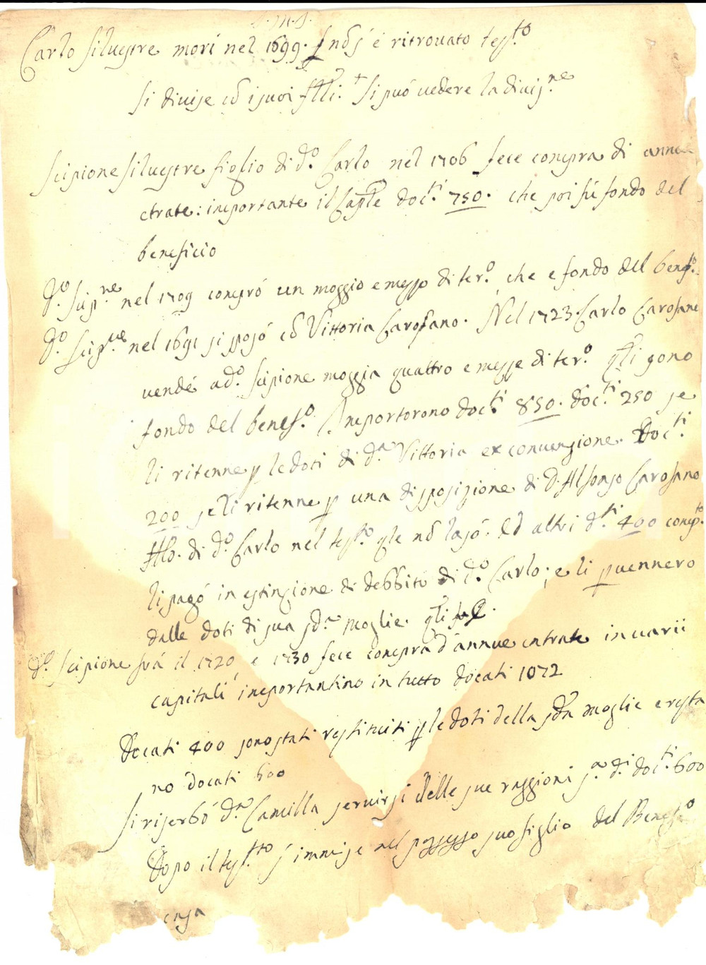Documento originale, autentico 1780 ca NAPOLI Vicende familiari e immobiliari Scipione SILVESTRE Manoscritto 1
