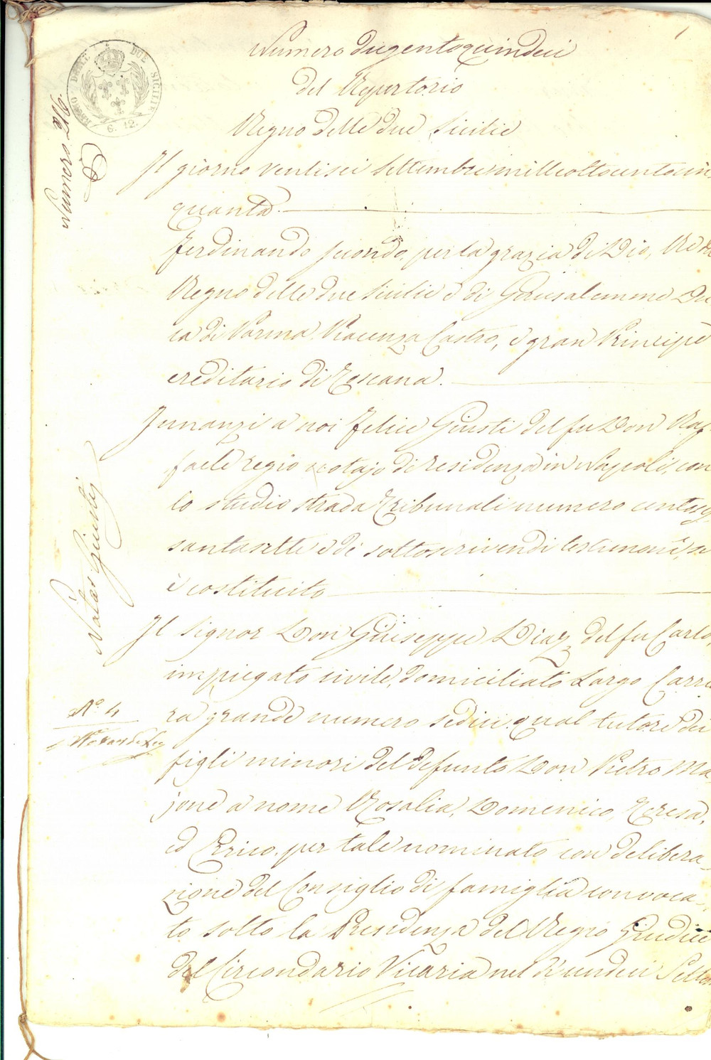 Documento originale, autentico 1850 NAPOLI Giuseppe DIAZ riscuote crediti pro orfani Pietro MAJONE Manoscritto 1