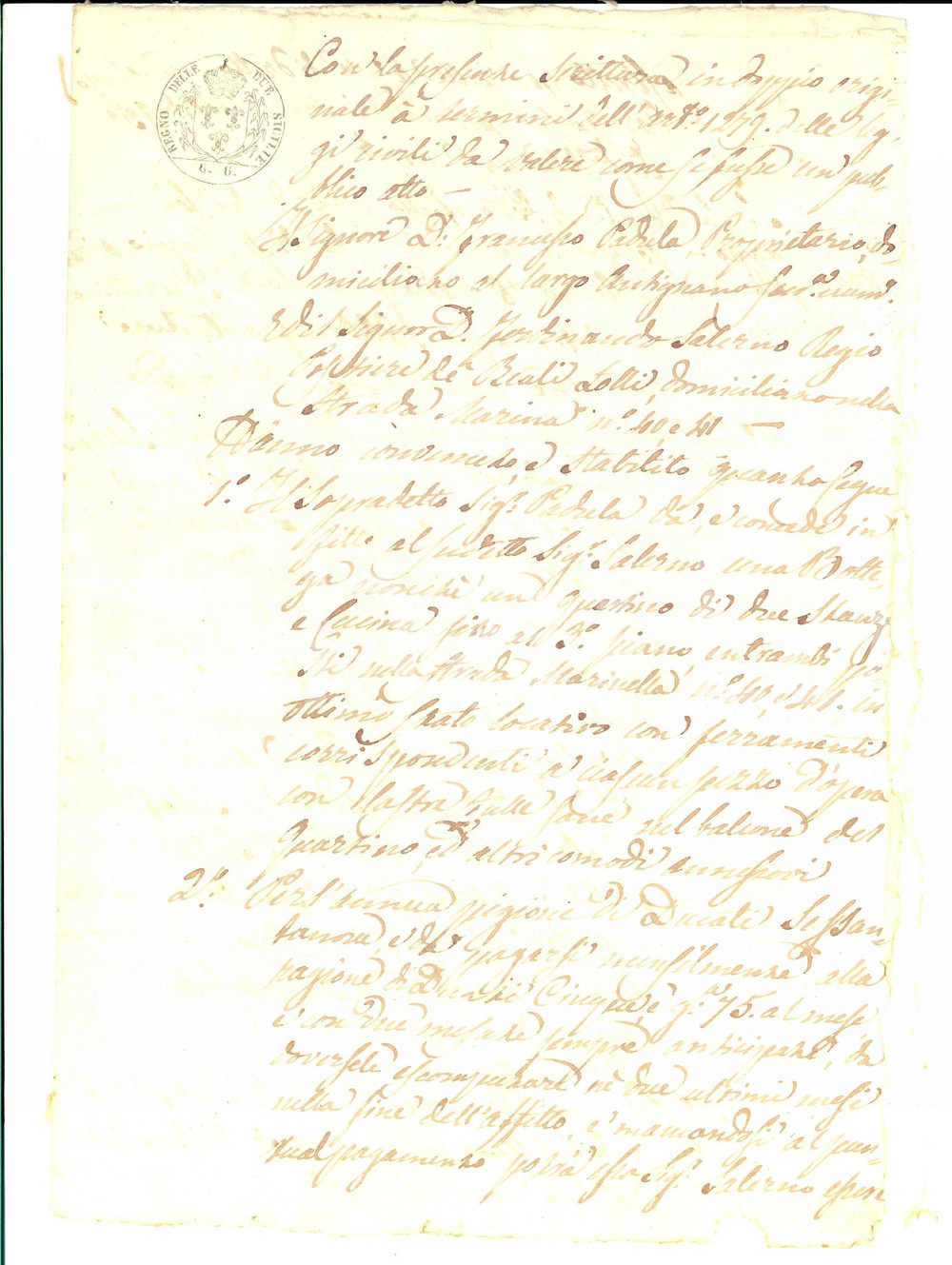 Documento originale, autentico 1849 NAPOLI MARINELLA Ferdinando SALERNO prende in affitto bottega con quartino 1