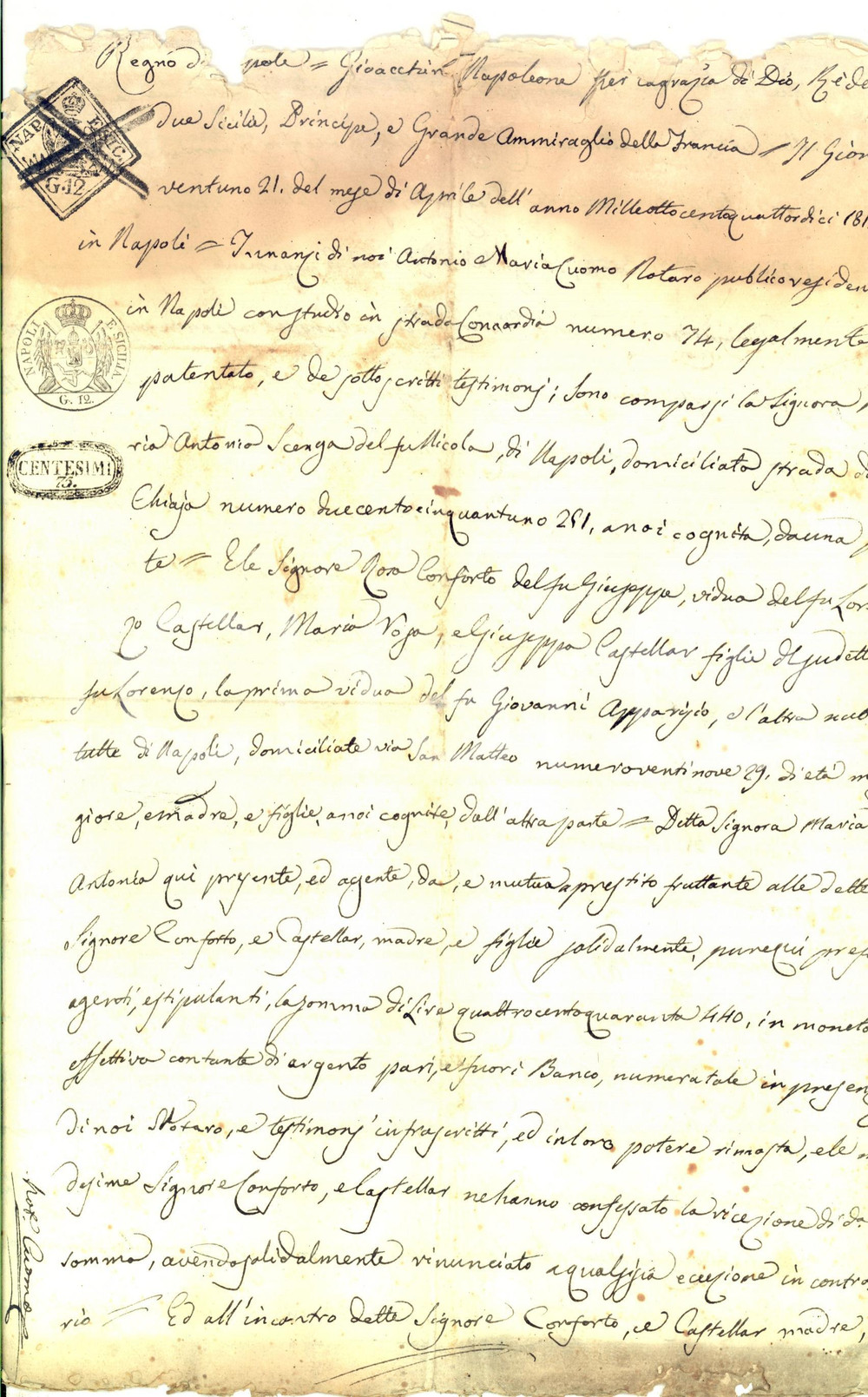 Documento originale, autentico 1814 NAPOLI CHIAIA Prestito Maria Antonia SCENGA a orfane di Giuseppe CASTELLAR 1