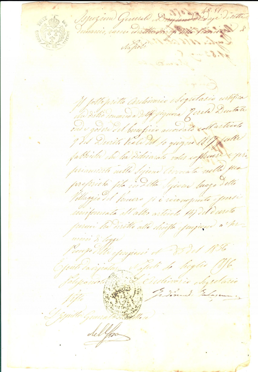Documento originale, autentico 1856 NAPOLI Permesso a Teresa DENTALE per costruzioni VILLAGGIO DEL VOMERO 1