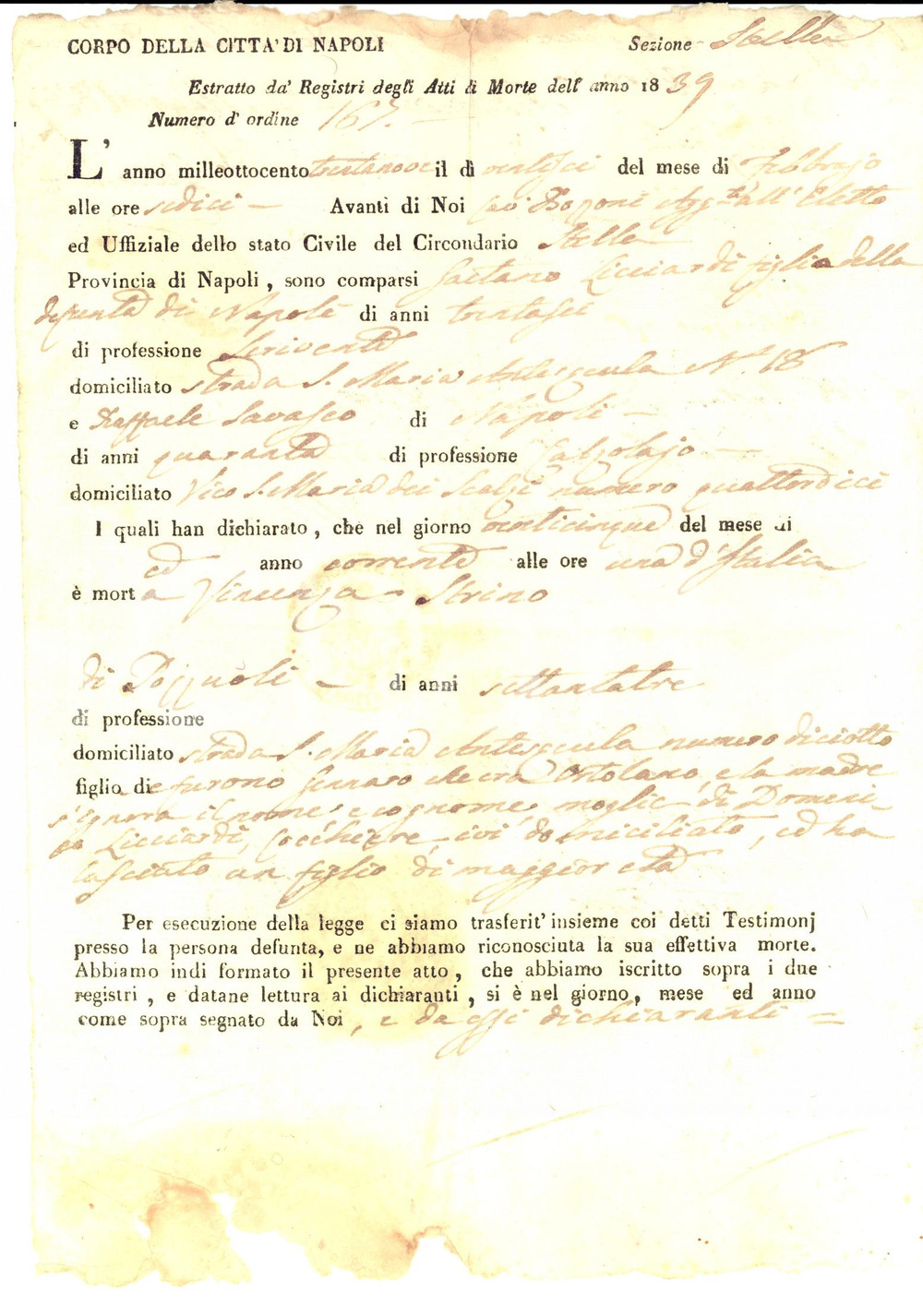 Documento originale, autentico 1839 NAPOLI Certificato di morte di Vincenza STRINO Documento 1