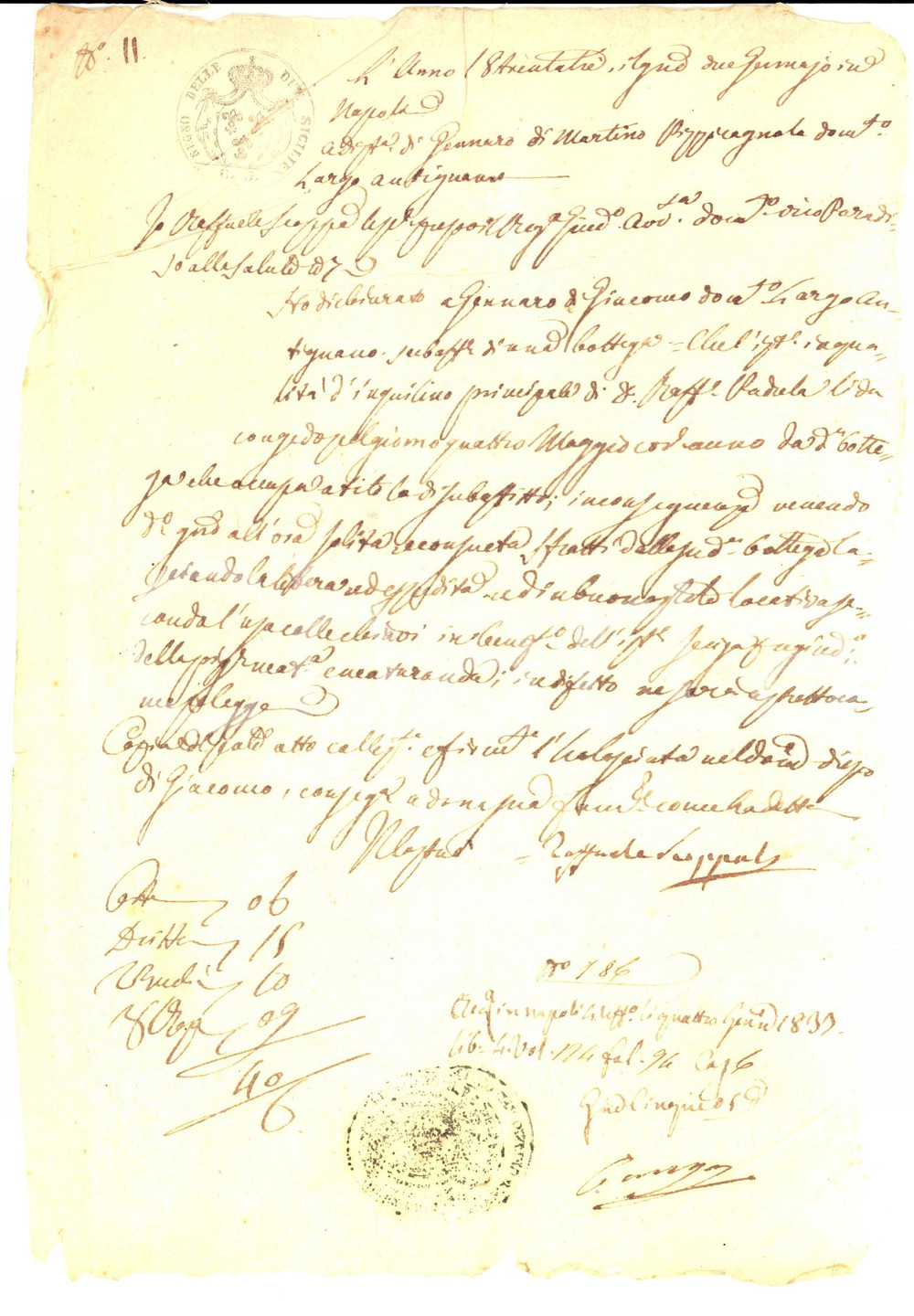 Documento originale, autentico 1833 NAPOLI ANTIGNANO Gennaro DI MARTINO pizzicagnolo subaffitta bottega 1