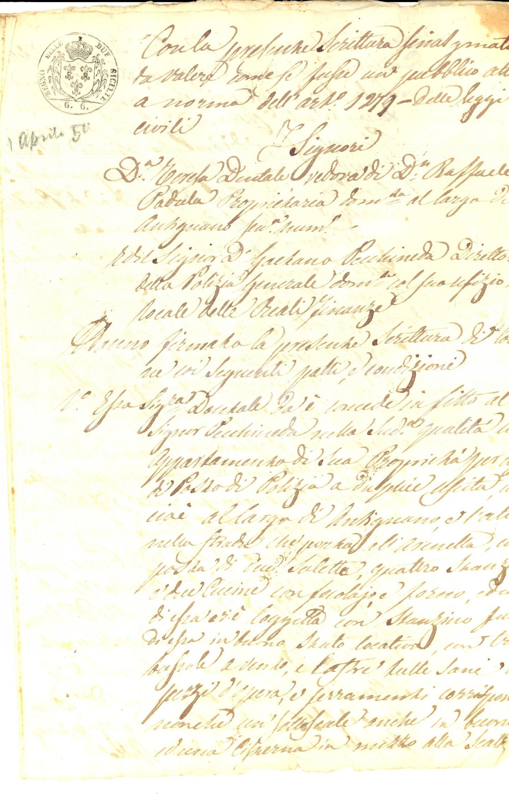 Documento originale, autentico 1850 NAPOLI Vedova Teresa DENTALE affitta posto di Polizia a Gaetano PECCHINEDA 1