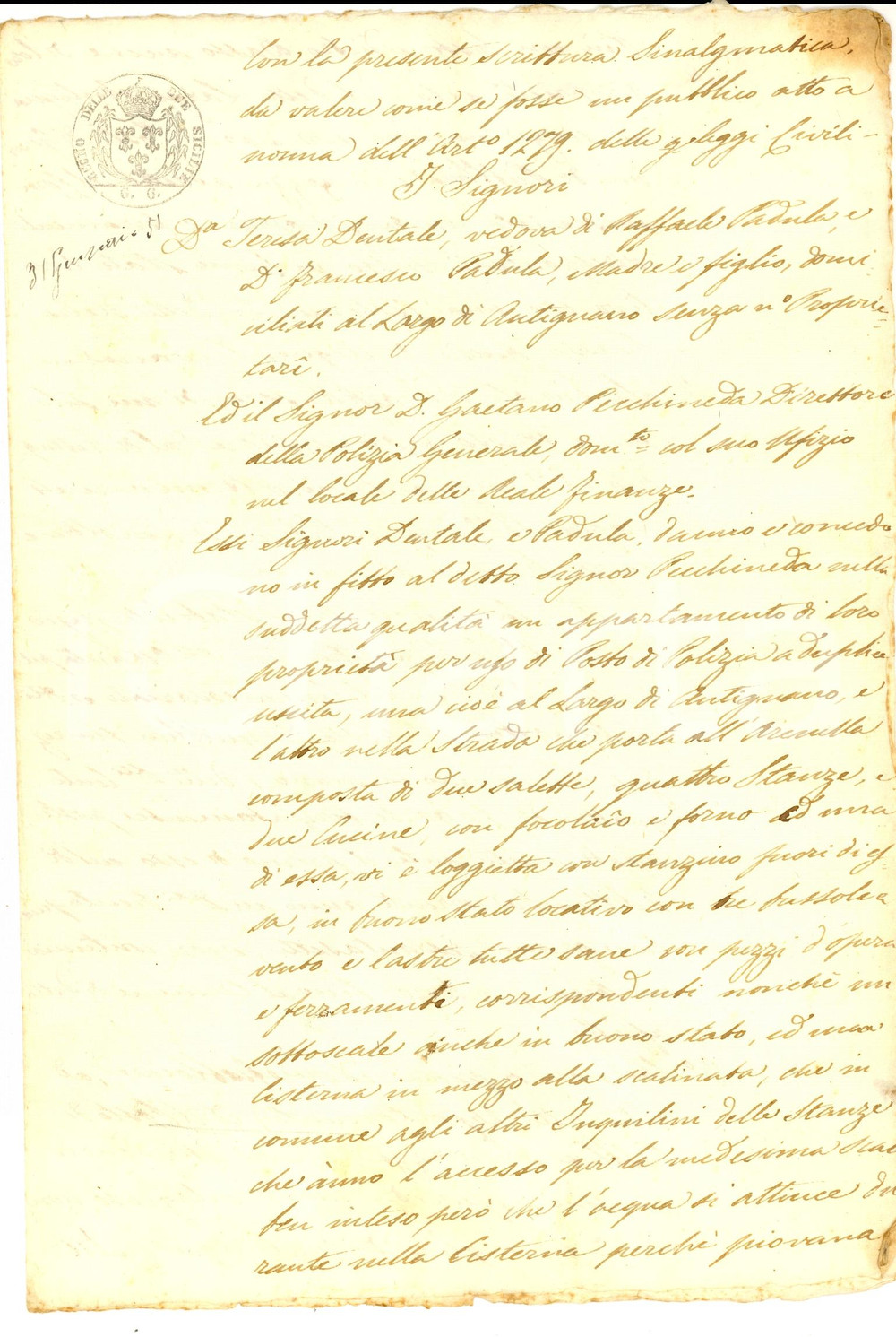 Documento originale, autentico 1851 NAPOLI Vedova Teresa DENTALE affitta posto di Polizia a Gaetano PECCHINEDA 1