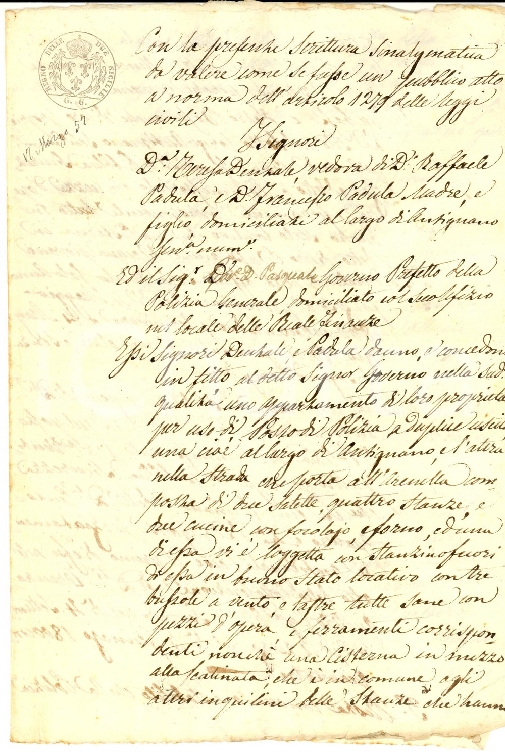 Documento originale, autentico 1852 NAPOLI ANTIGNANO Teresa DENTALE affitta posto di Polizia a Pasquale GOVERNO 1