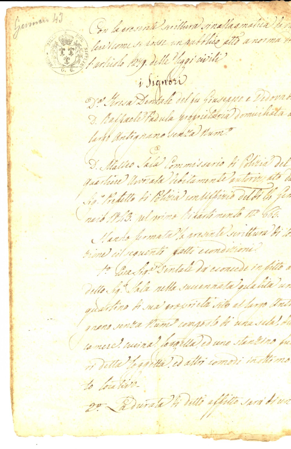 Documento originale, autentico 1843 NAPOLI Teresa DENTALE affitta alloggio a commissario polizia Matteo SALA 1