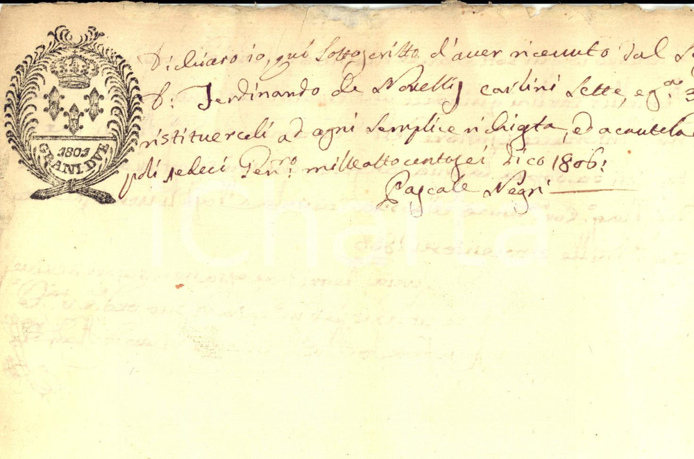 Documento originale, autentico 1806 NAPOLI Ricevuta di Pascale NEGRI a Ferdinando DE NOVELLIS Manoscritto 1