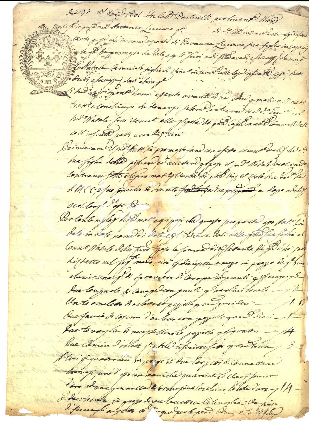 Documento originale, autentico 1801 NAPOLI Contratto di matrimonio e dote di Giovanna LUCIANO DANNEGGIATO 1