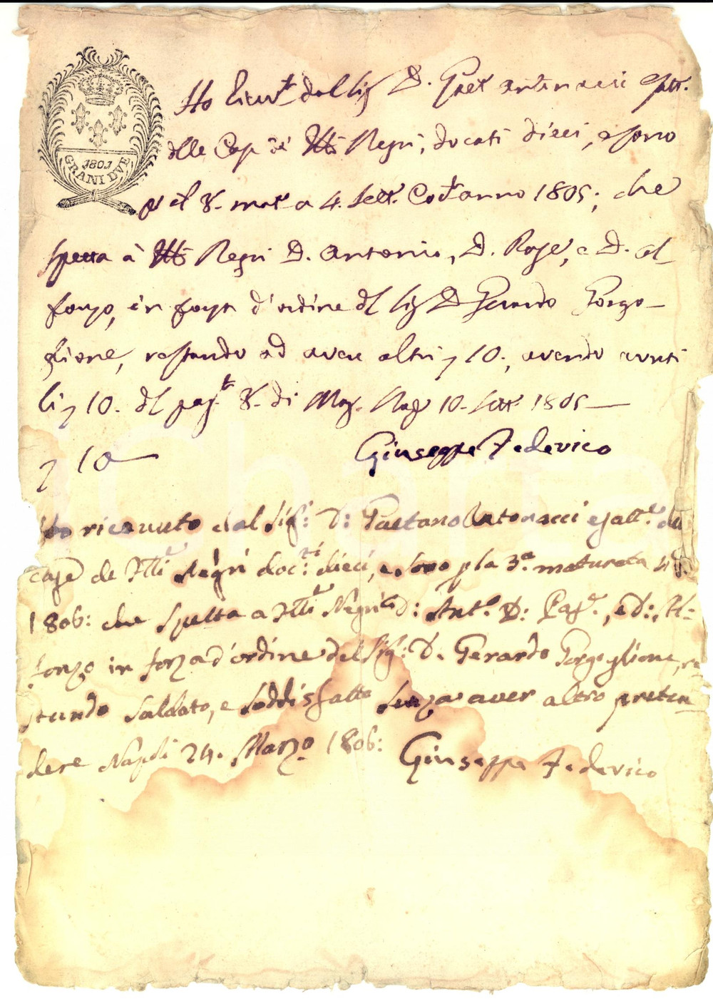 Documento originale, autentico 1806 NAPOLI Gaetano ANTONACCI salda debito verso i fratelli NEGRI Manoscritto 1