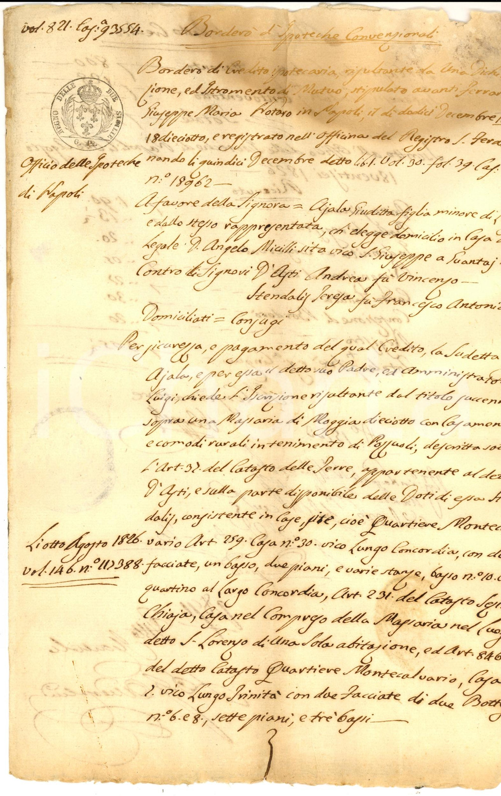 Documento originale, autentico 1818 POZZUOLI NA Giuditta AJALA chiede iscrizione su masseria Teresa STENDALIS 1