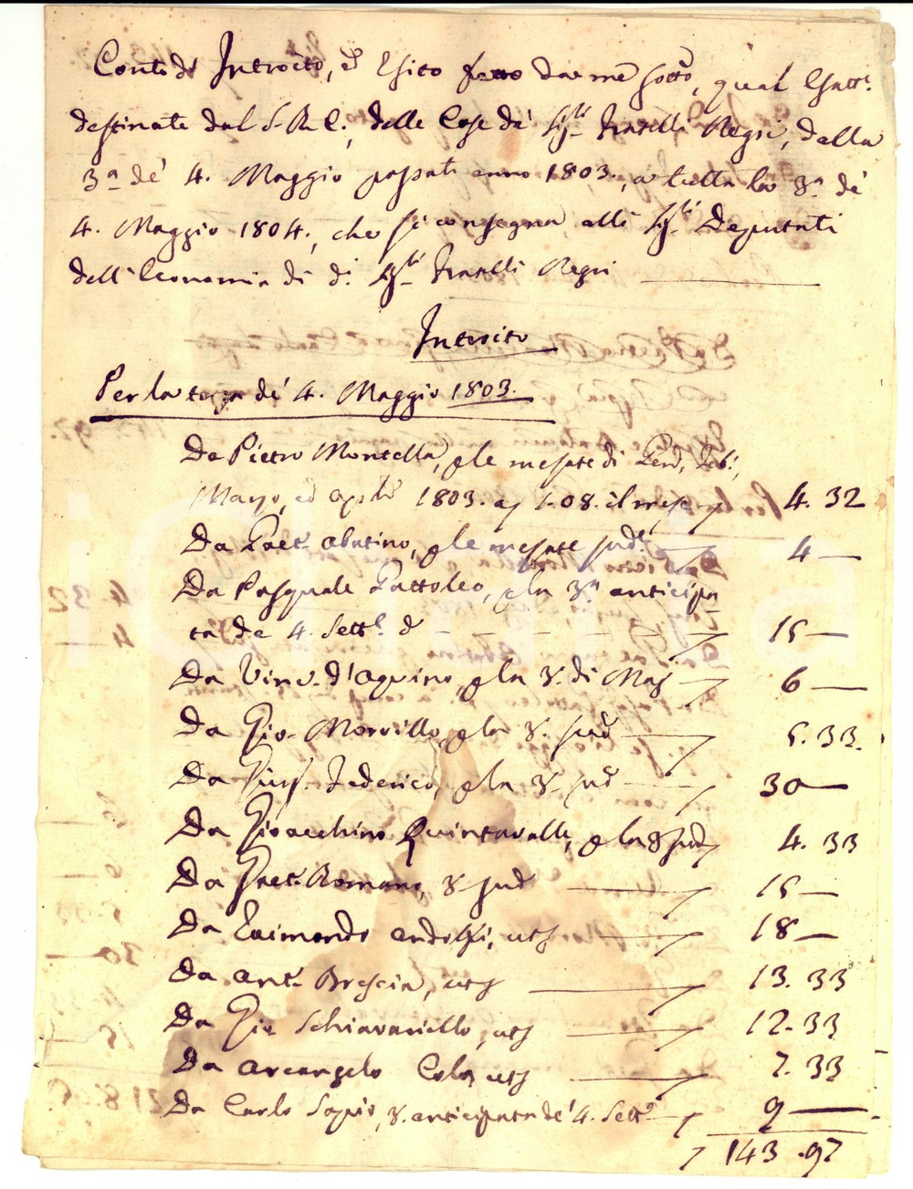 Documento originale, autentico 1804 NAPOLI Conto introiti riscossi per fratelli NEGRI Manoscritto DANNEGGIATO 1
