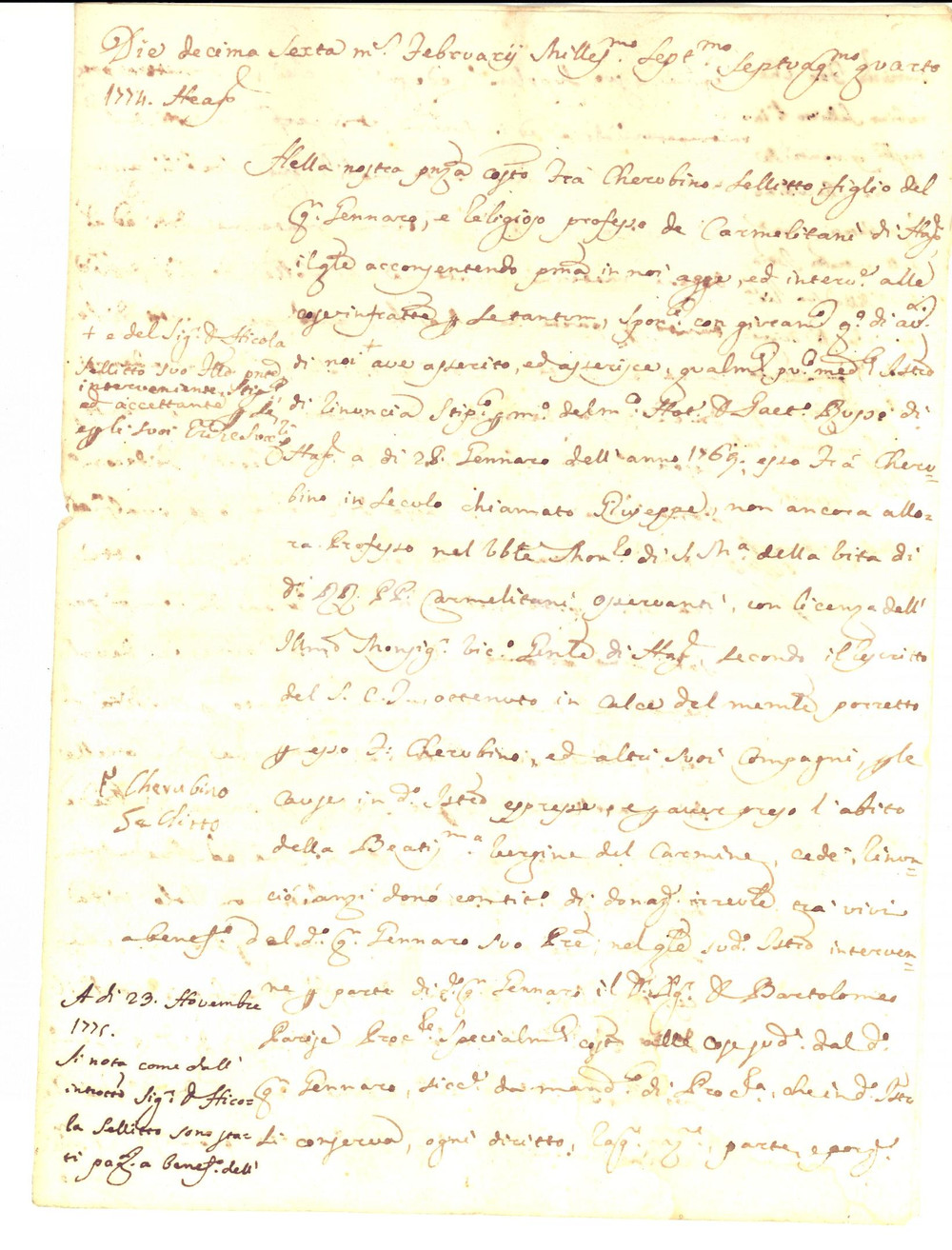 Documento originale, autentico 1774 NAPOLI Convento S. MARIA DELLA VITA Fra Cherubino SELLITTO rinuncia ai beni 1