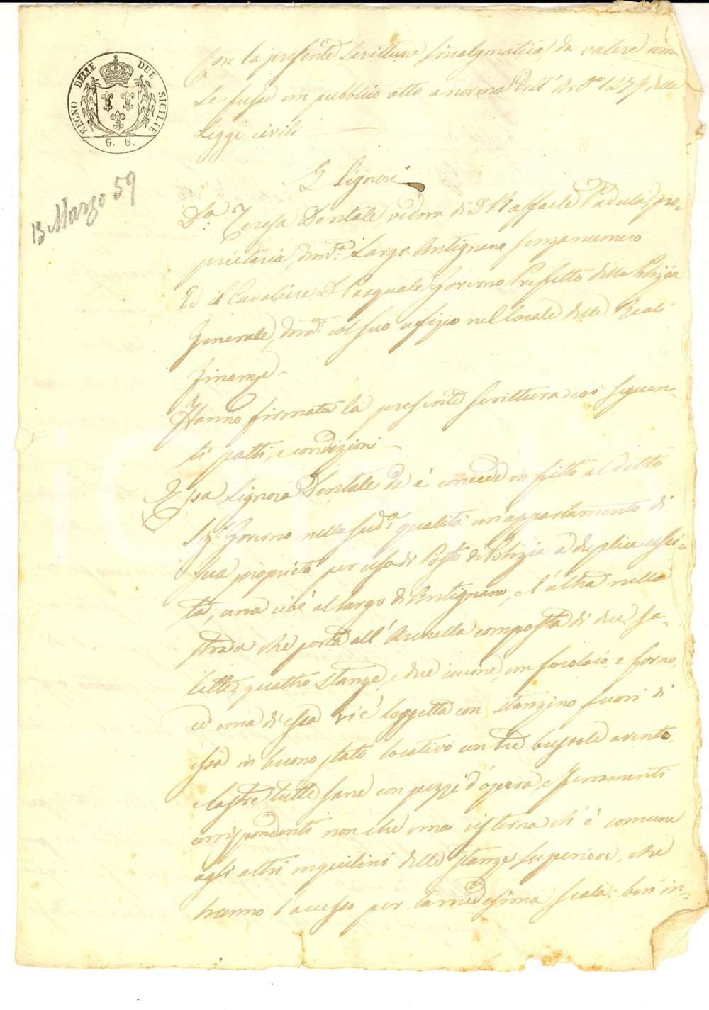 Documento originale, autentico 1859 NAPOLI ANTIGNANO Teresa DENTALE affitta posto di Polizia a Pasquale GOVERNO 1