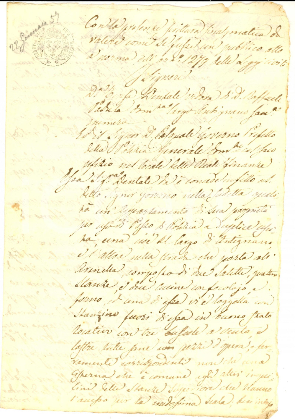 Documento originale, autentico 1857 NAPOLI ANTIGNANO Teresa DENTALE affitta alloggio a uso posto di Polizia 1