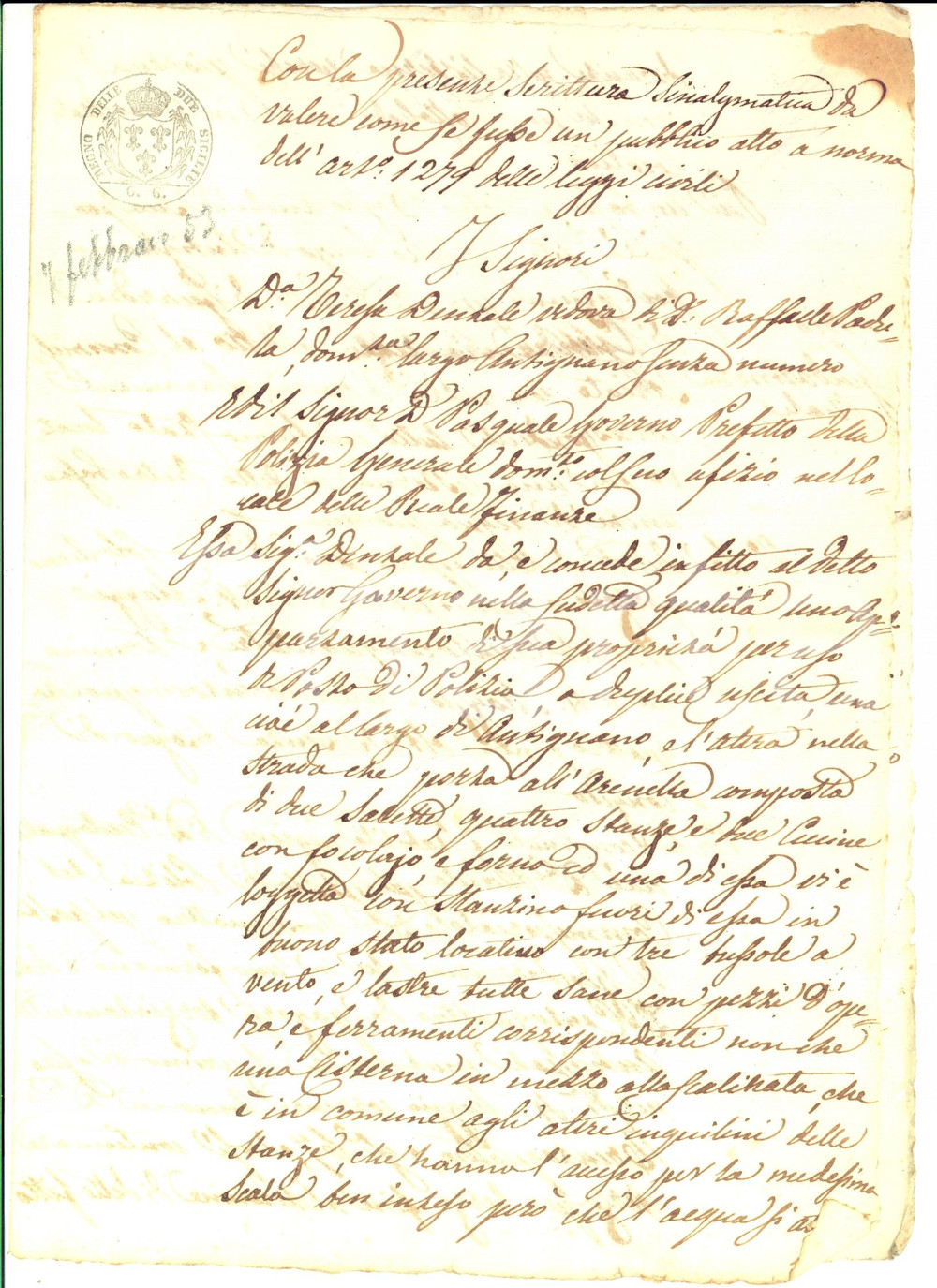 Documento originale, autentico 1853 NAPOLI ANTIGNANO Vedova Teresa DENTALE affitta alloggio al prefetto GOVERNO 1