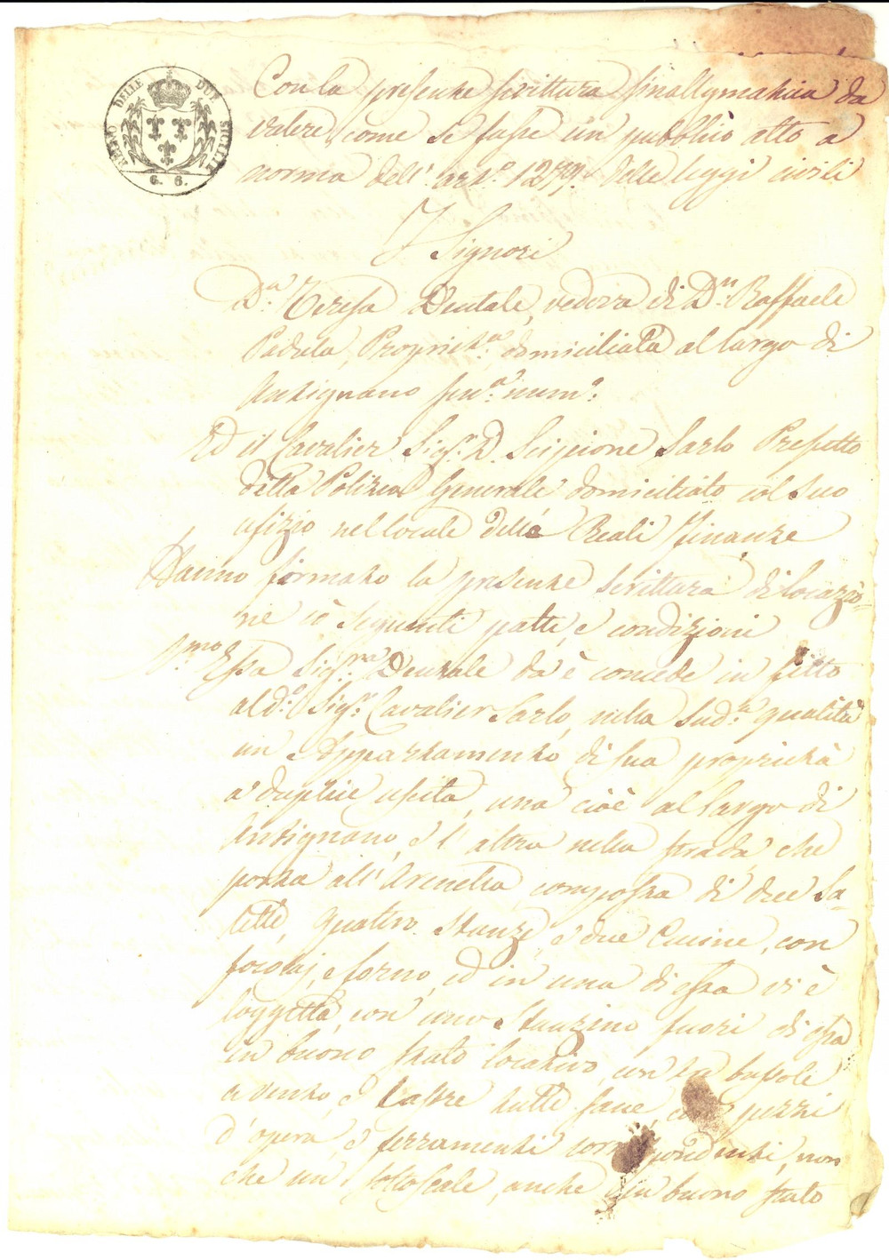 Documento originale, autentico 1847 NAPOLI ANTIGNANO Vedova Teresa DENTALE affitta alloggio al prefetto SARLO 1