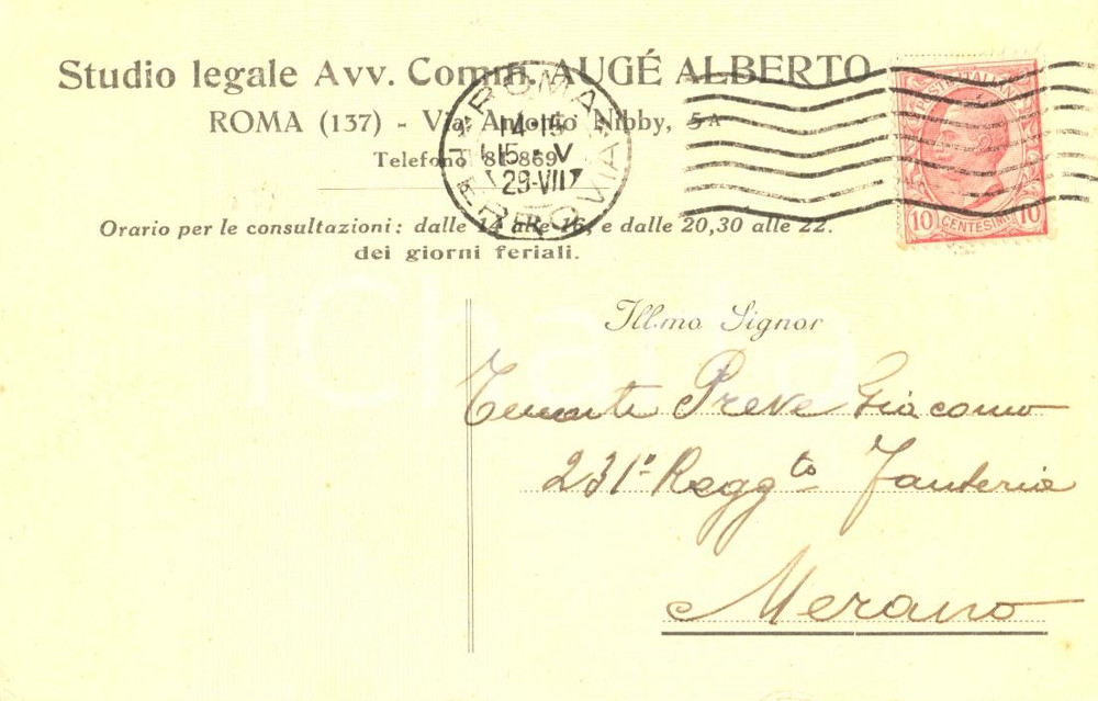 Cartolina originale da collezione 1929 ROMA Avvocato Alberto AUGE  25 anni MINISTERO DELLA GUERRA Cartolina FP VG 1