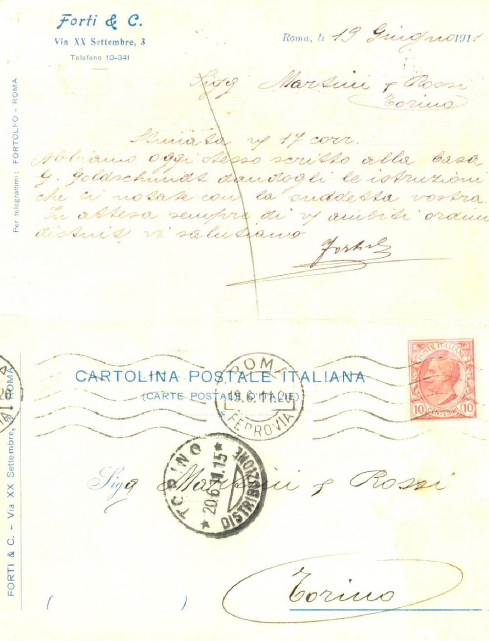 Cartolina originale da collezione 1911 ROMA Ditta FORTI & C. Casa GOLDSCHMIDT per MARTINI & ROSSI Cartolina 1